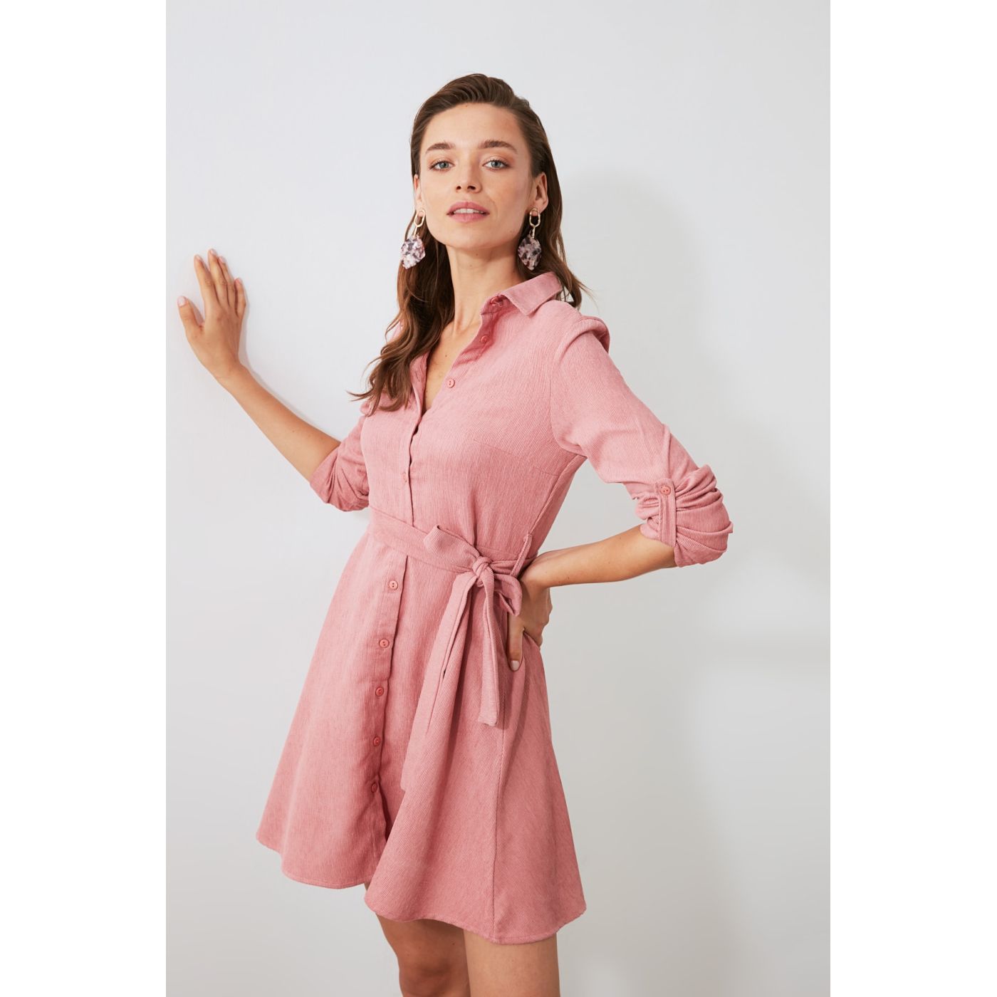 Trendyol Rose Dry Belt Velvet Shirt Dress