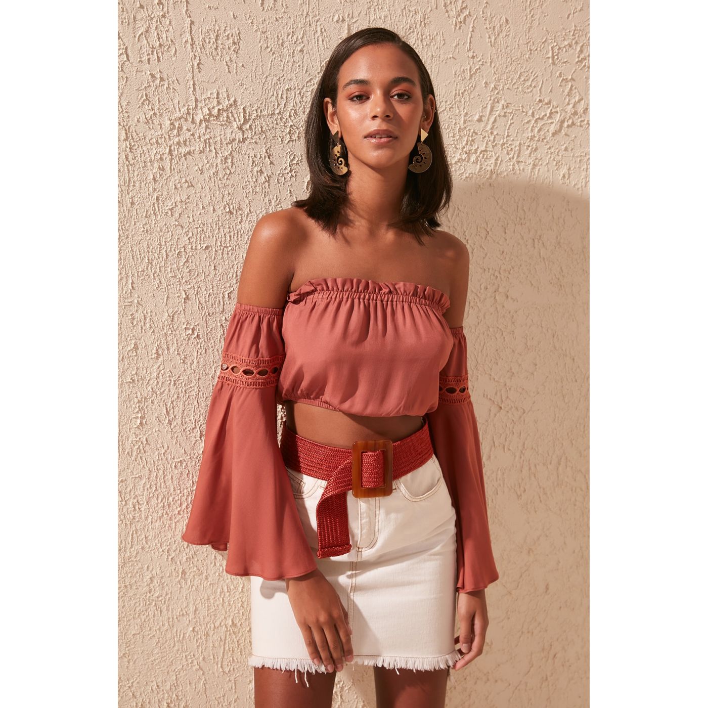 Trendyol Cinnamon Carmen Collar Viscoon Blouse