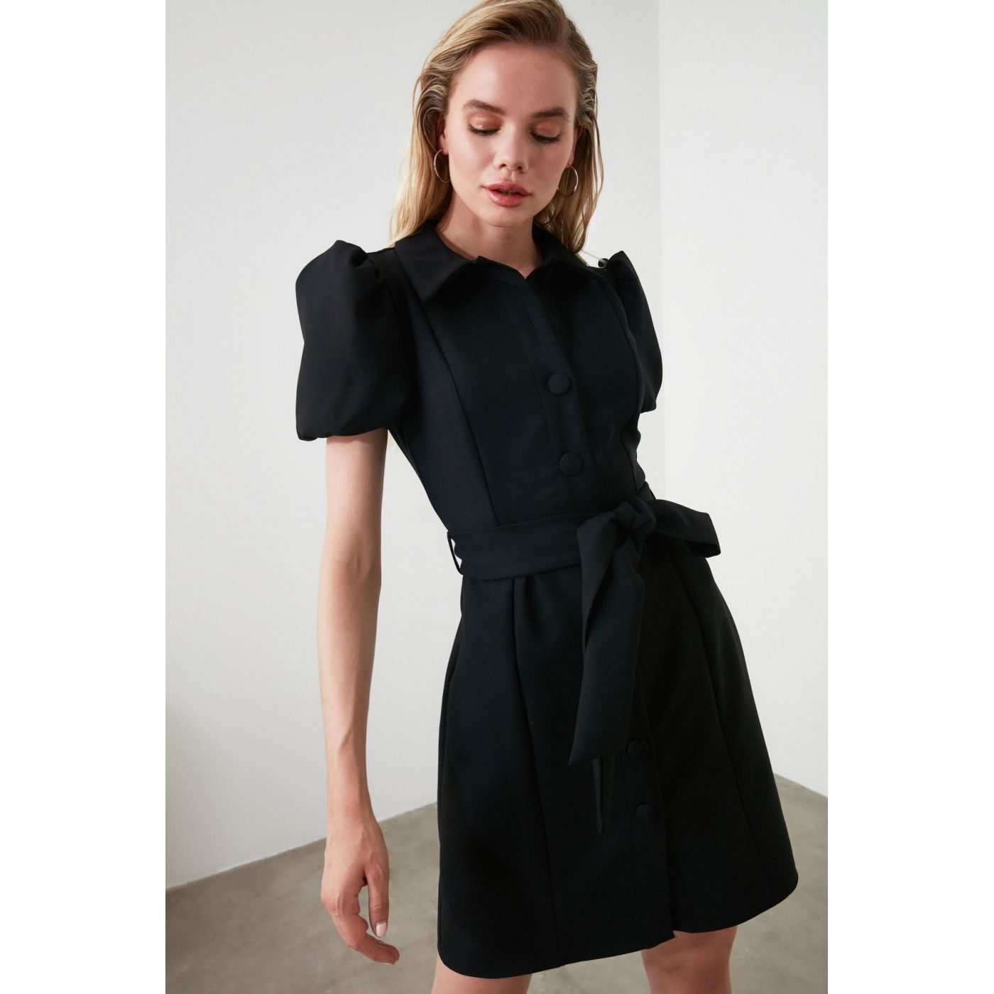Trendyol Black Belted Shirt Collar Dress