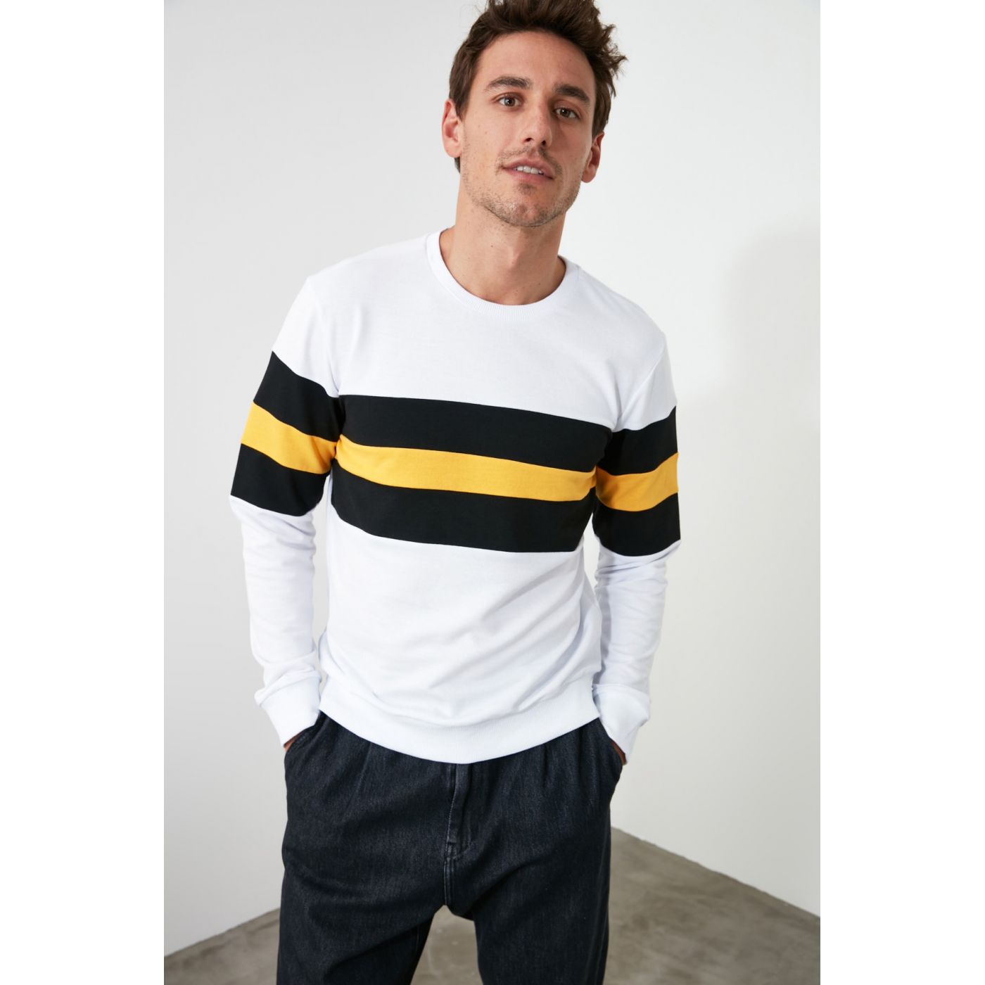 Trendyol White Men Paneled Bicycle Collar Sweatshirt