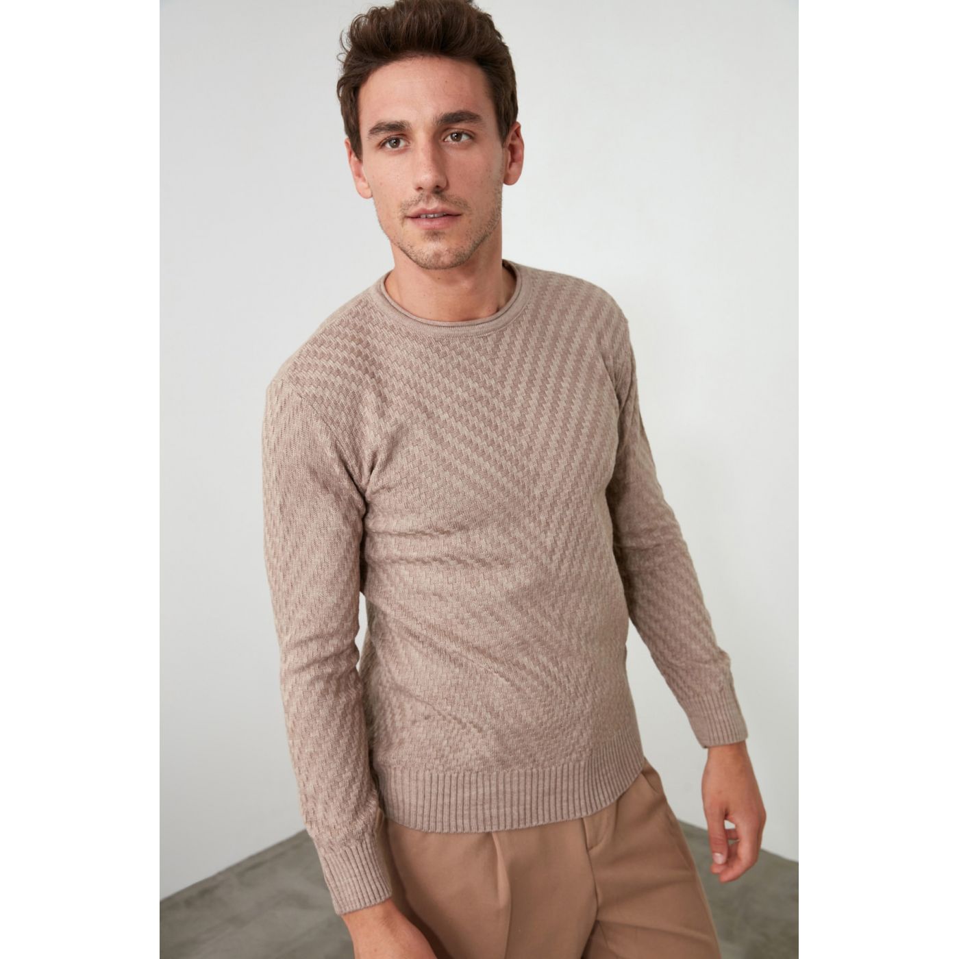 Trendyol Mink Men's Bicycle Collar Textured KnitWear Sweater