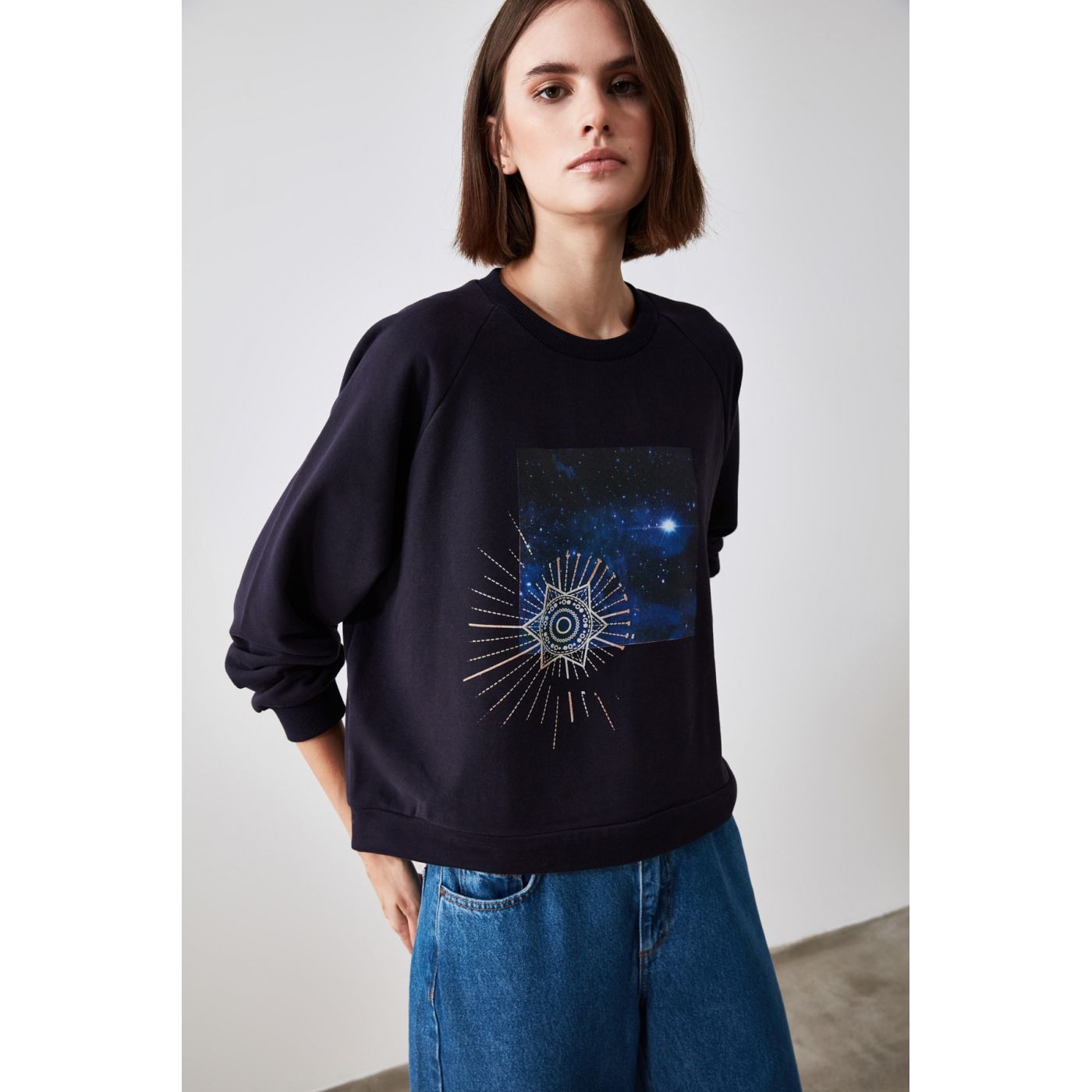 Trendyol Navy Printed Basic Knitted Sweatshirt