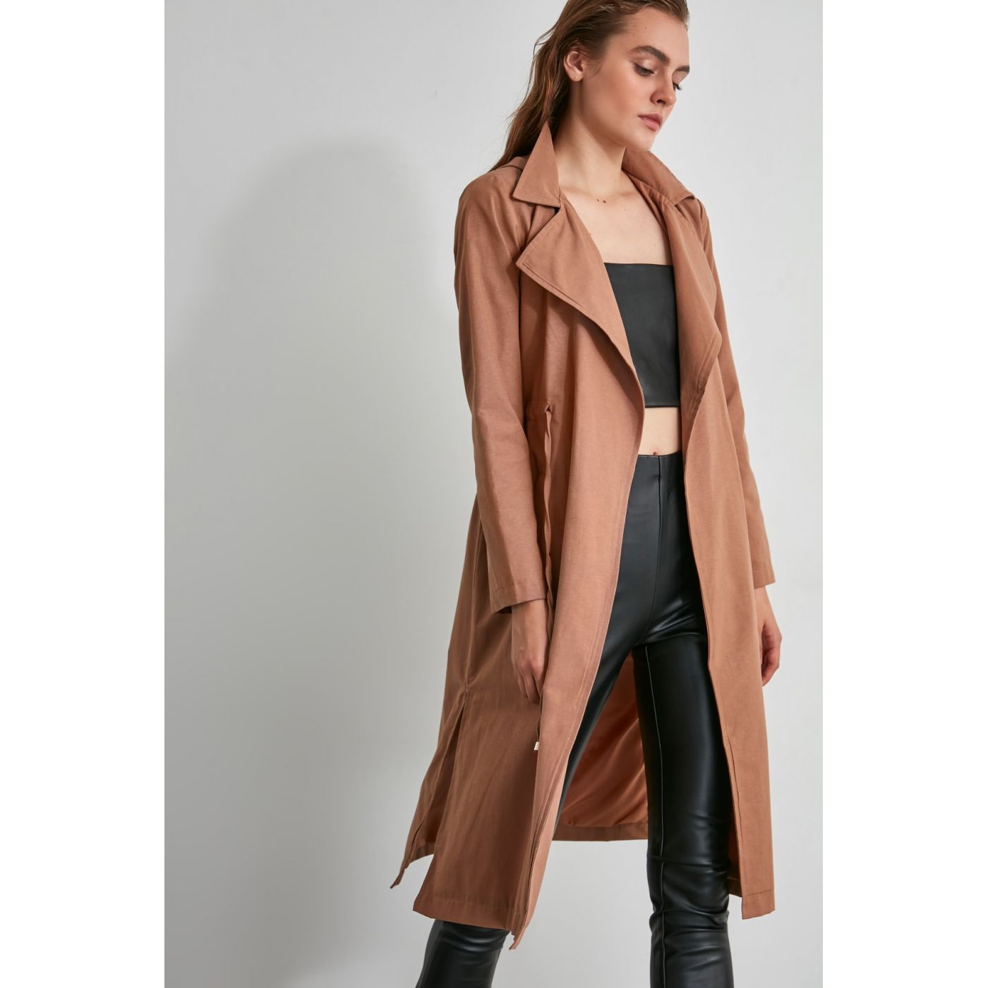 Trendyol Camel Belden Puckered Hooded Trench Coat