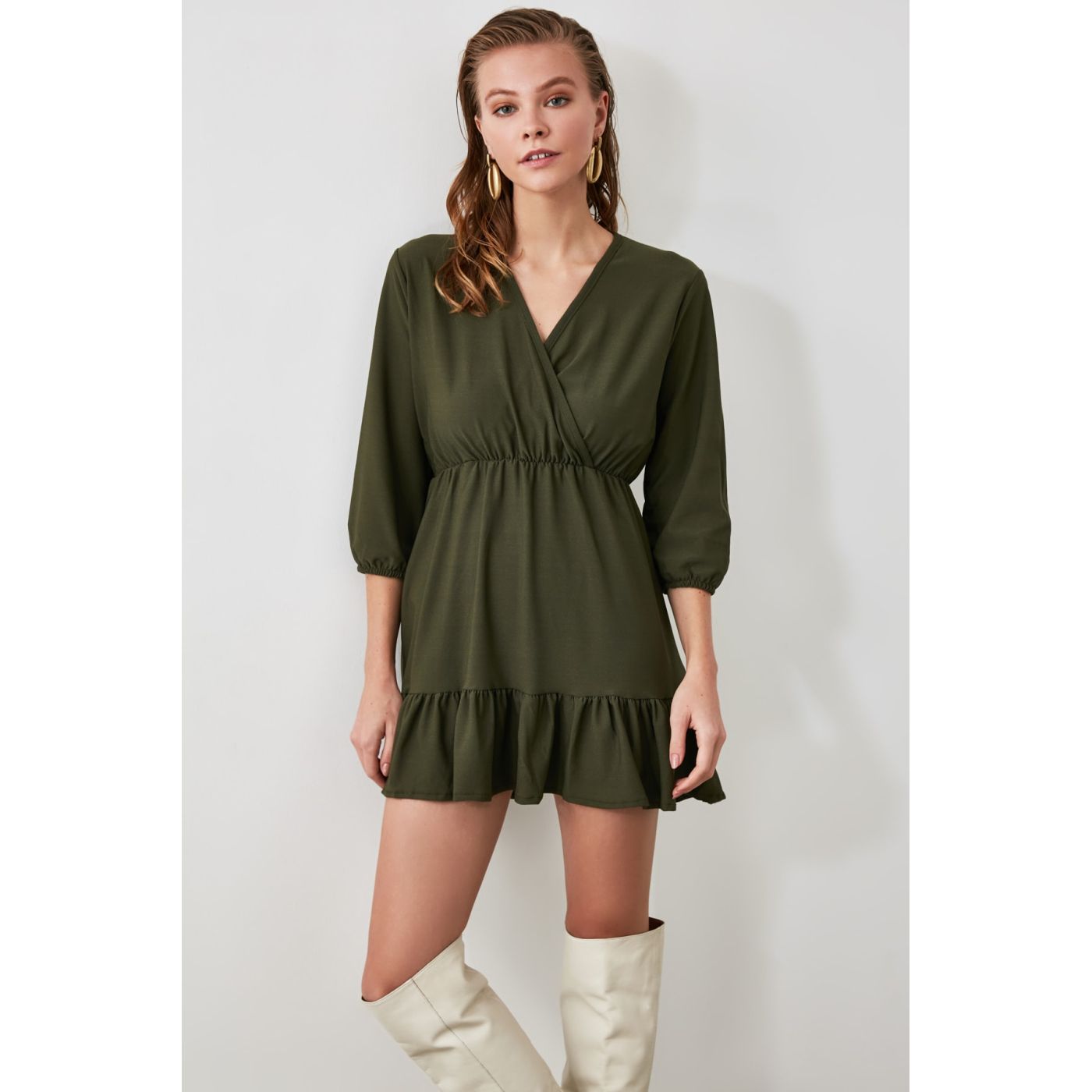 Trendyol Khaki Cruise Neck Collar Volli Knitted Dress