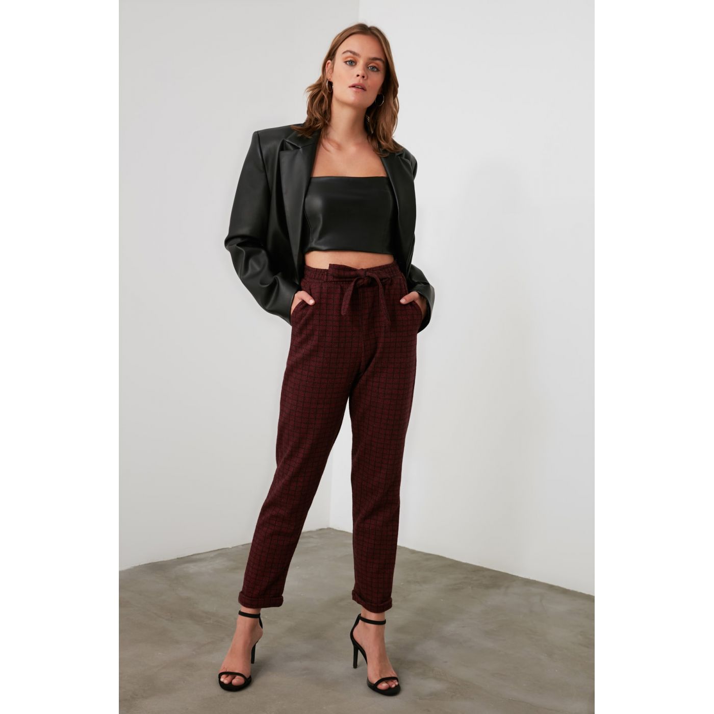 Trendyol Burgundy Fastening Detailed Knitted Trousers