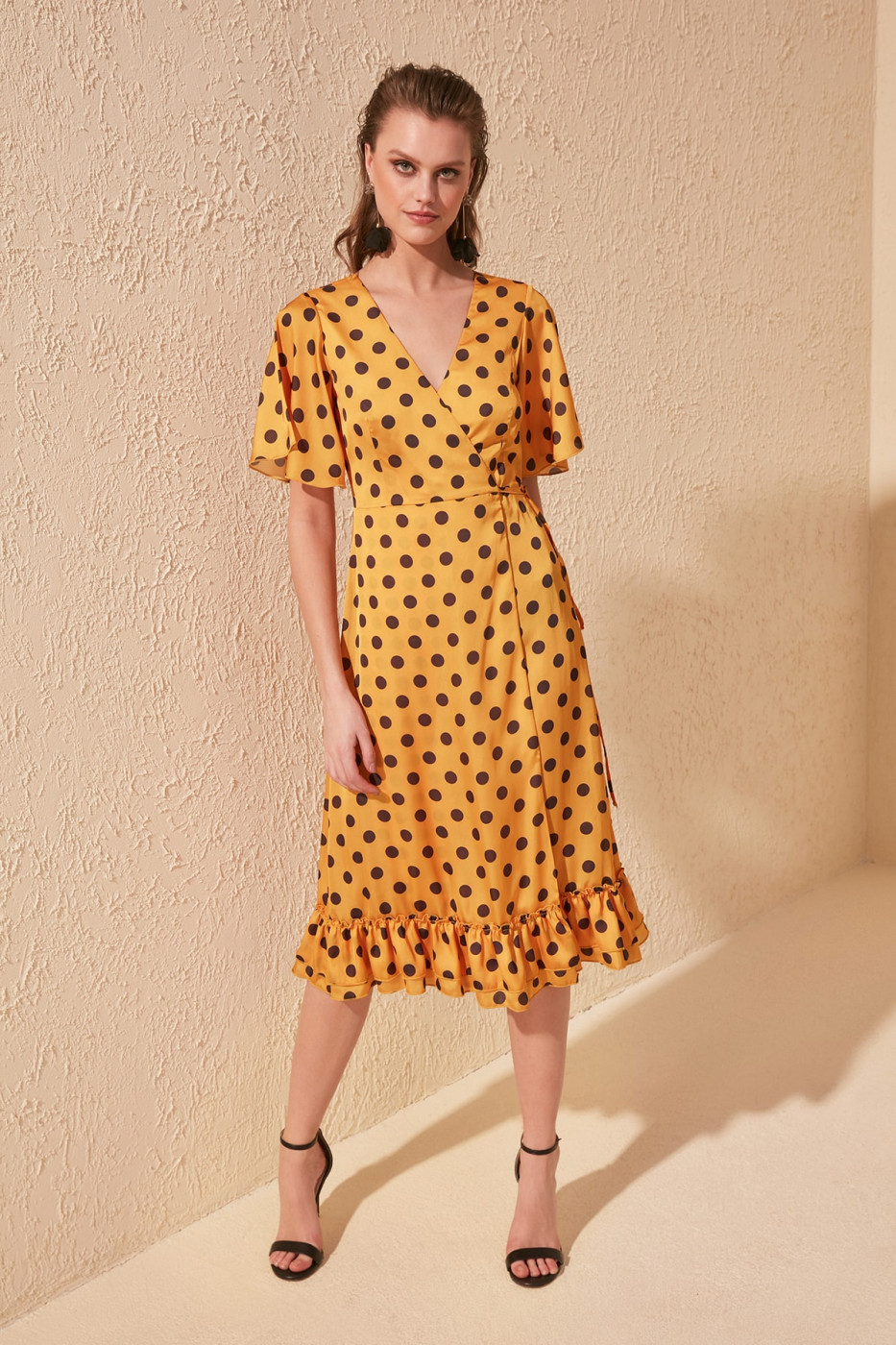 Trendyol Mustard Polka Dot Printed Anvelop Dress