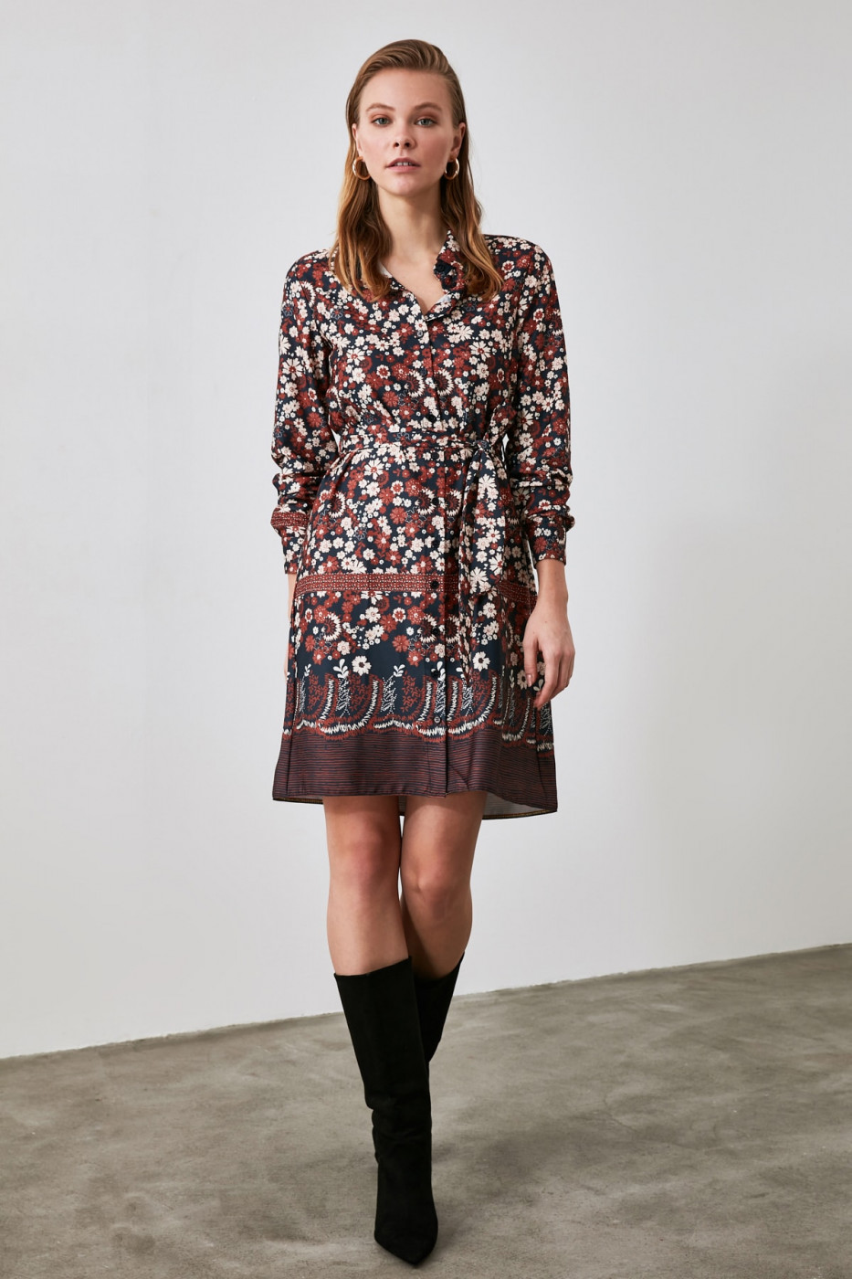Trendyol Brown Belted Shirt Dress