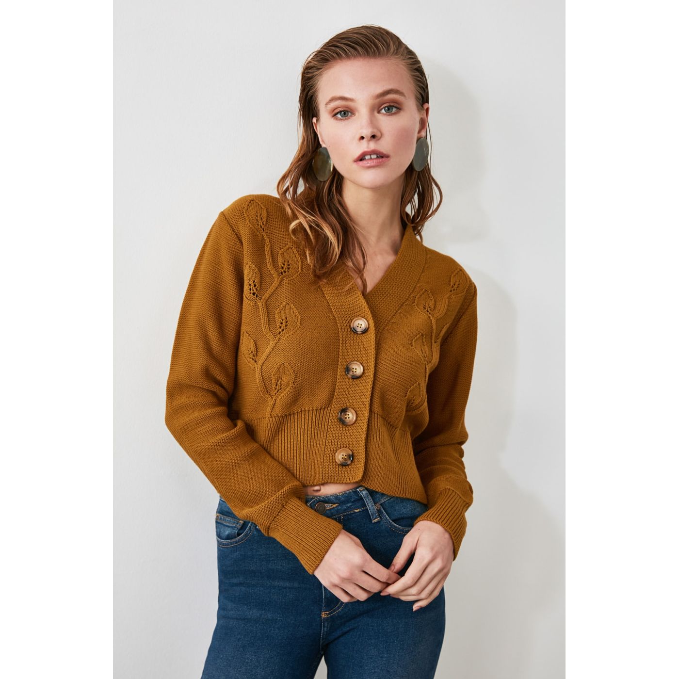 Trendyol Mustard Mesh Detailed Knitwear Cardigan