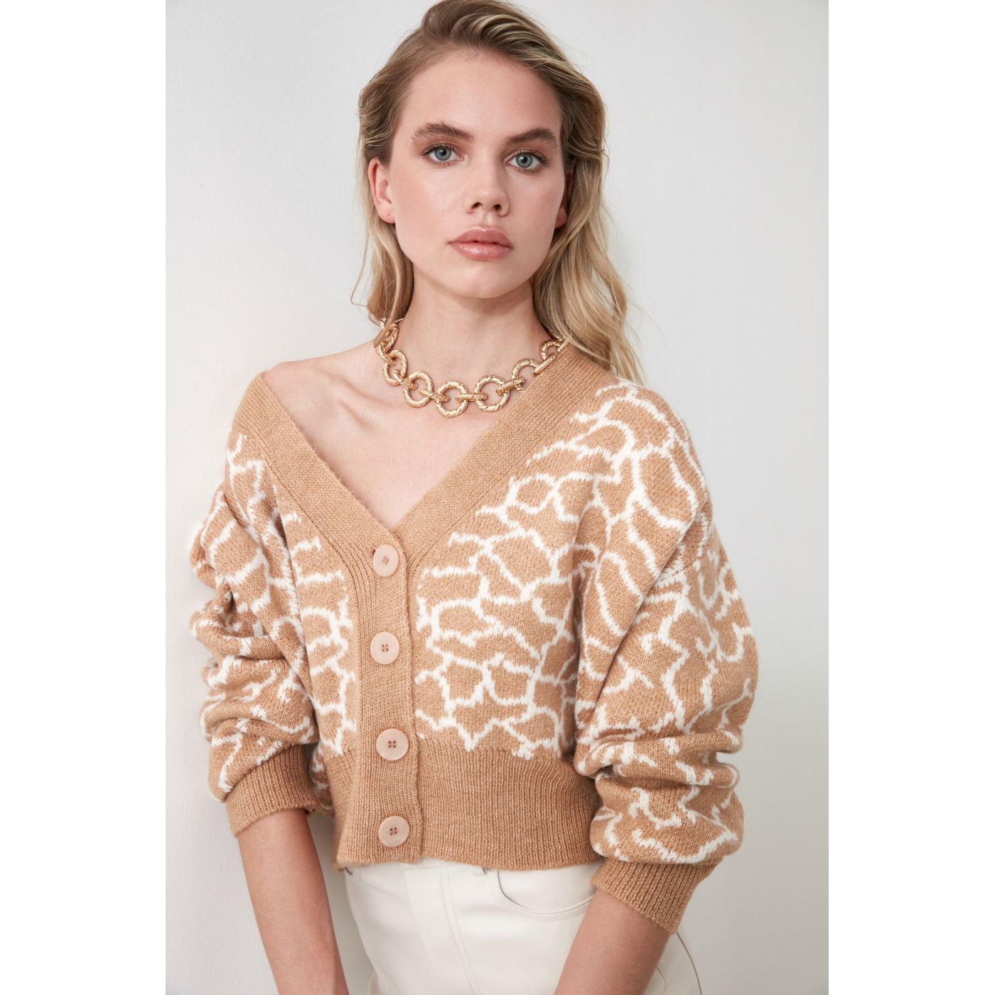 Trendyol Camel Jacquard Knit Cardigan