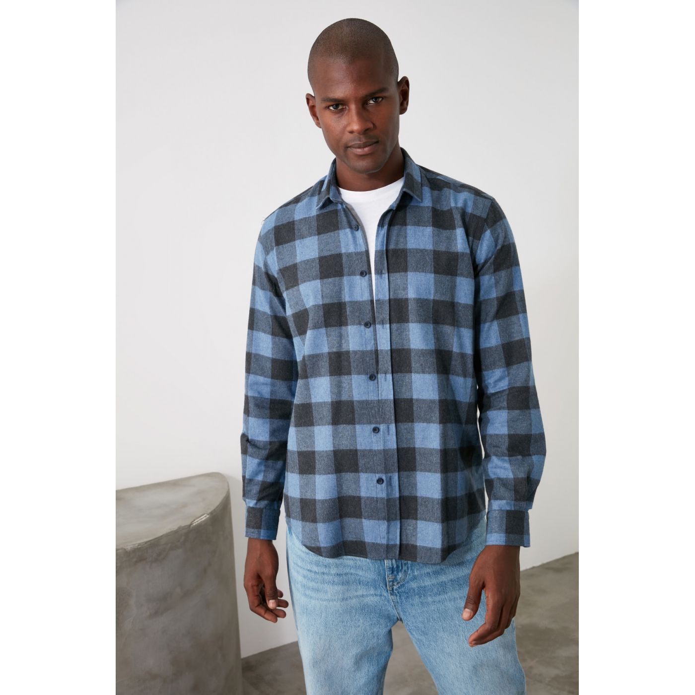Trendyol Indigo Men's Plaid Pocketless Regular Fit Shirt