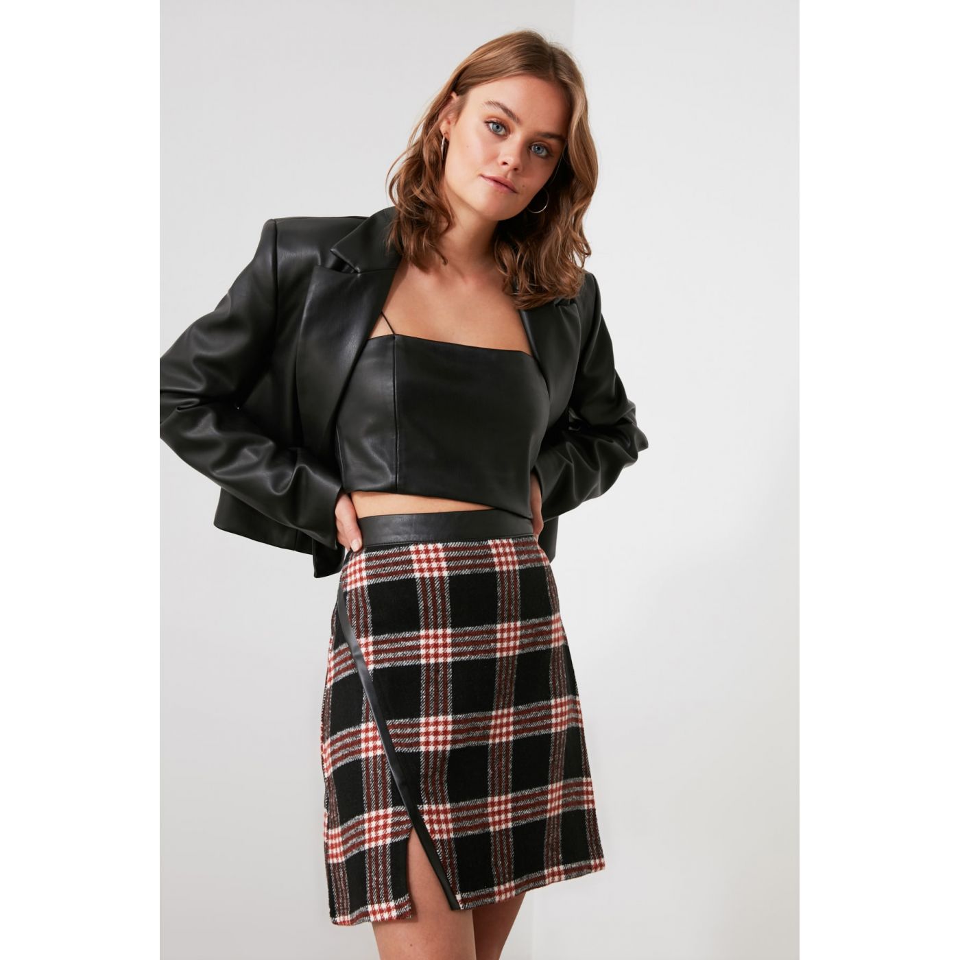 Trendyol Black Asymmetrical Plaid Skirt