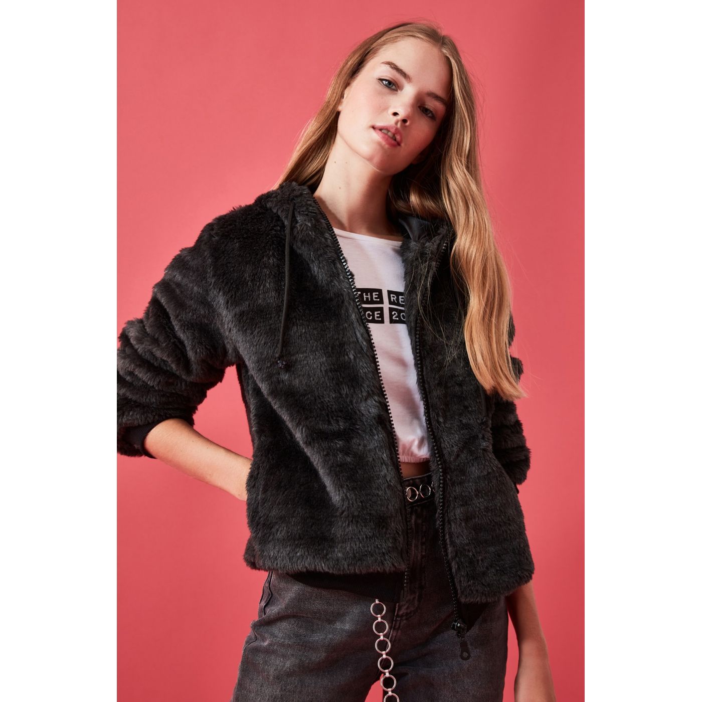Trendyol Anthracite Plush Hooded Coat