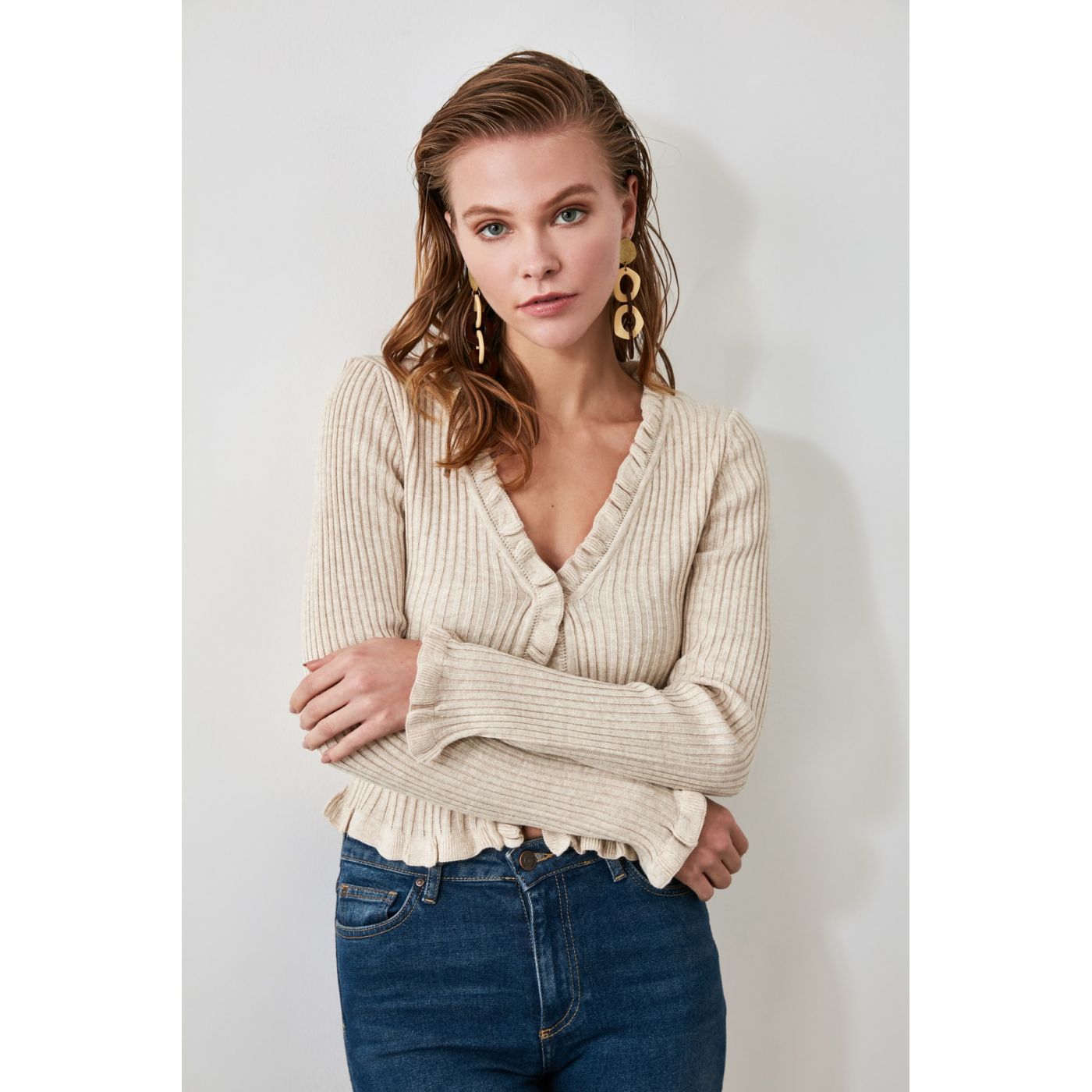 Trendyol Stone Frillk Knit Cardigan