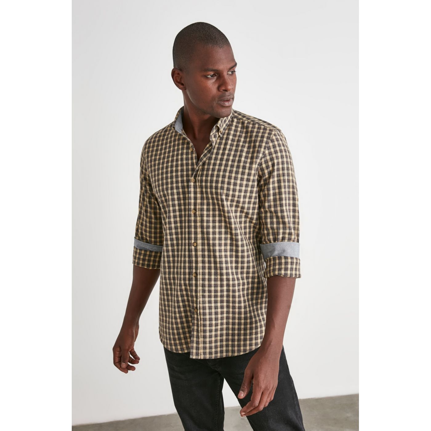 Trendyol Yellow Men's Plaid Slim Fit Basic Shirt