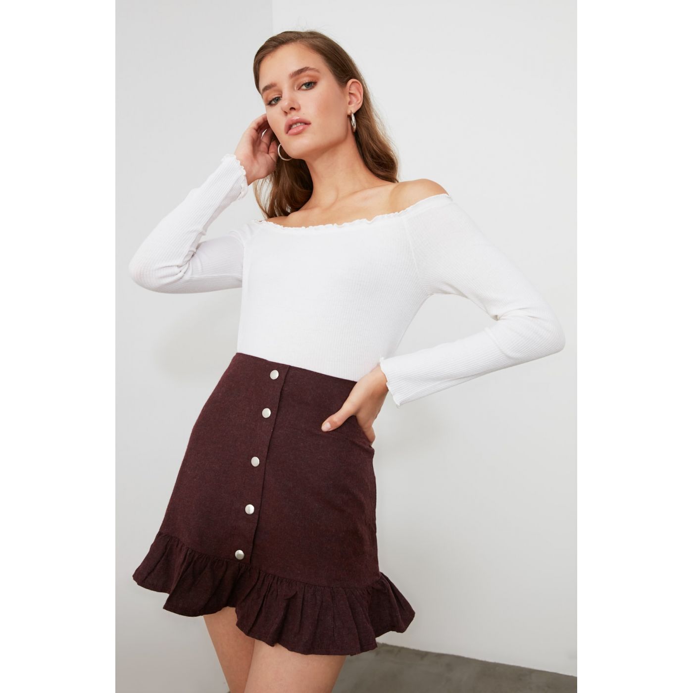 Trendyol Burgundy Flywheel Button Detailed Skirt