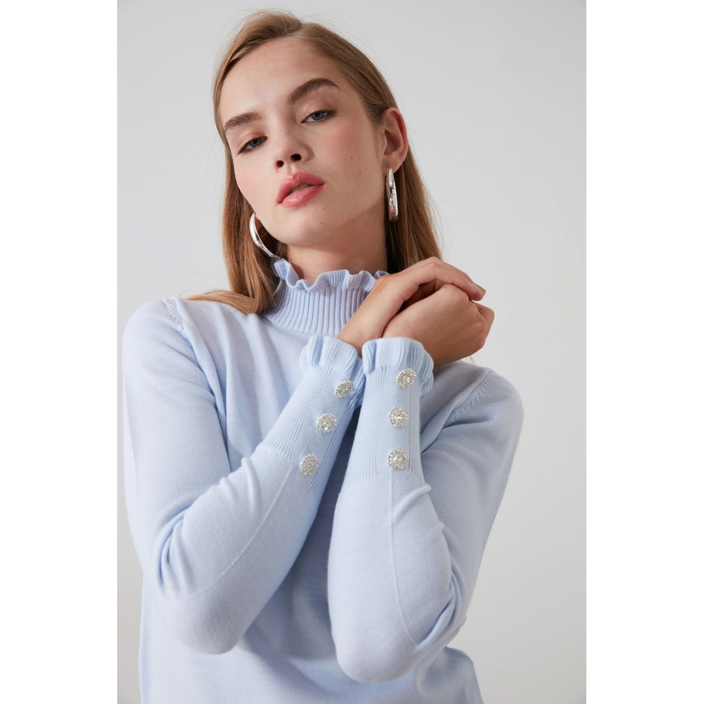 Trendyol Blue Flywheel Button Knitwear Sweater