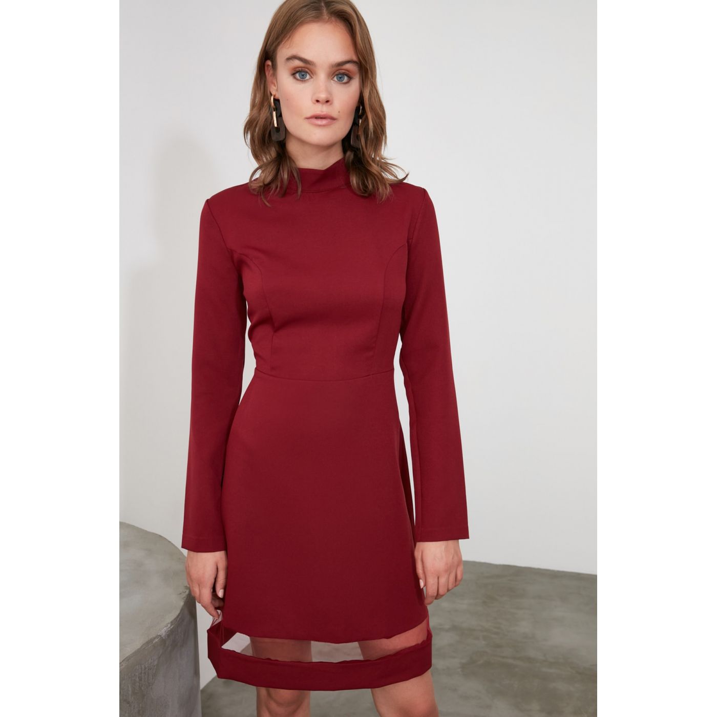 Trendyol Burgundy Sheer Collar Tulle Detailed Dress