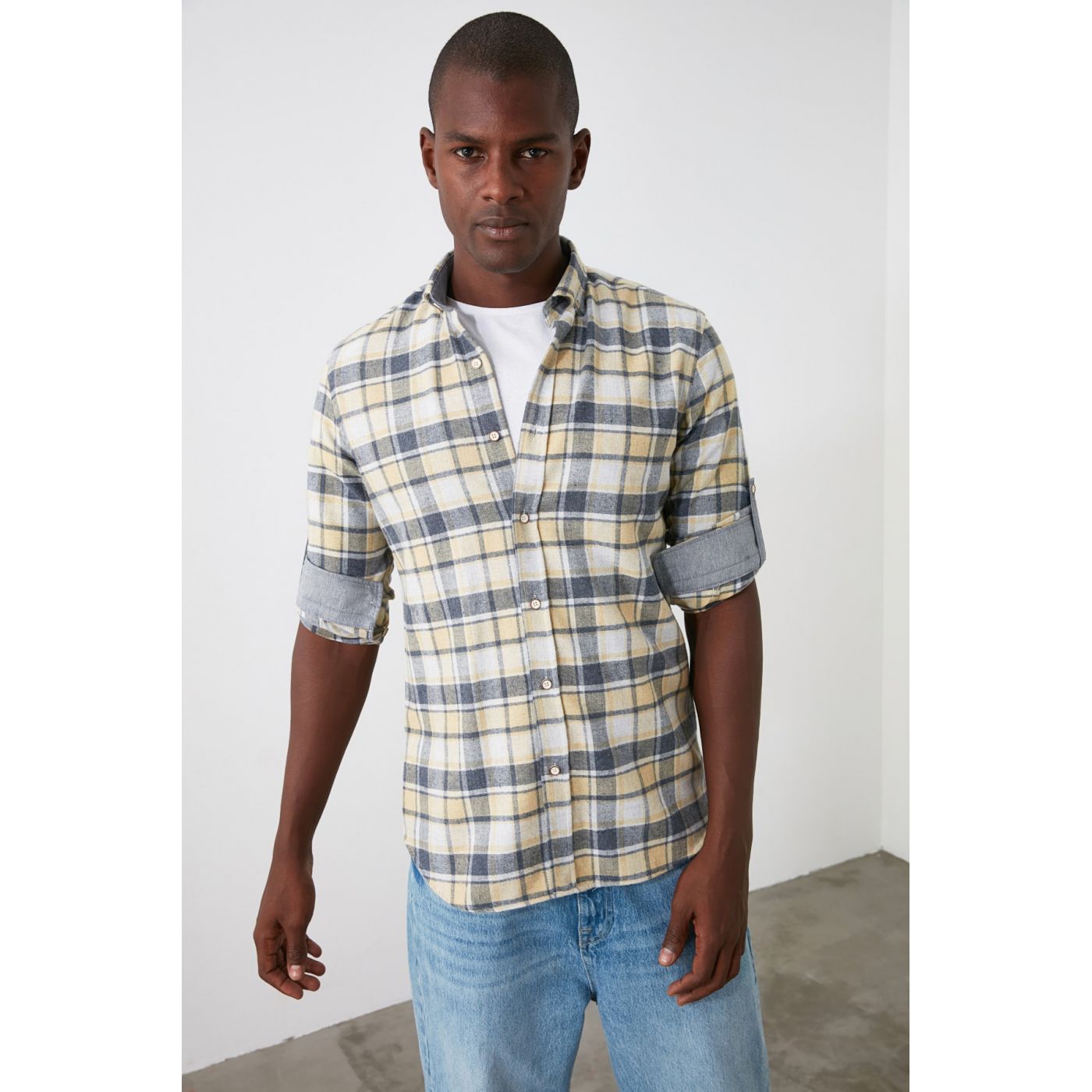 Trendyol Mustard Men's Slim Fit Plaid Shirt