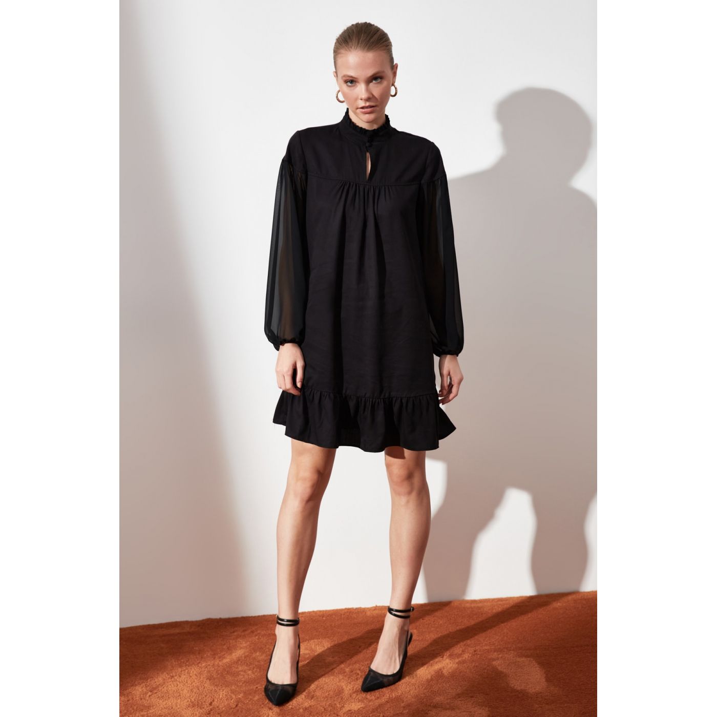 Trendyol Black Sheer Neckline Ruffle Detailing Dress