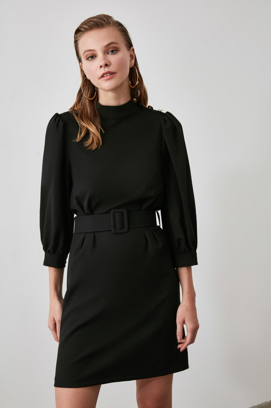 Trendyol Black Belt Button Detailed Dress