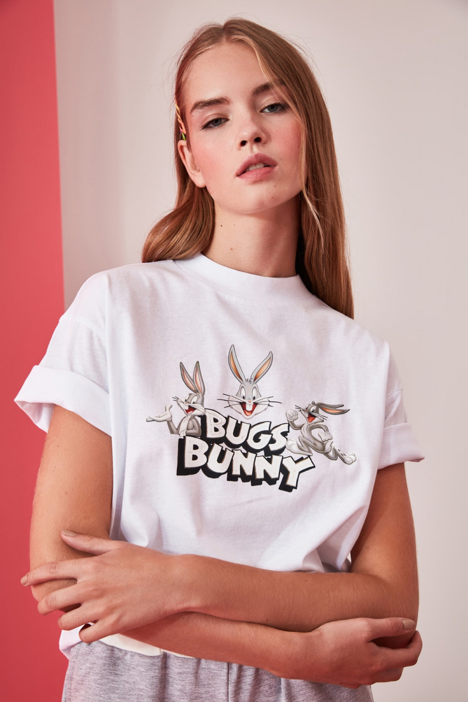 Trendyol White Bugs Bunny Licensed Printed Right-Collar Basic Knitted Shirt