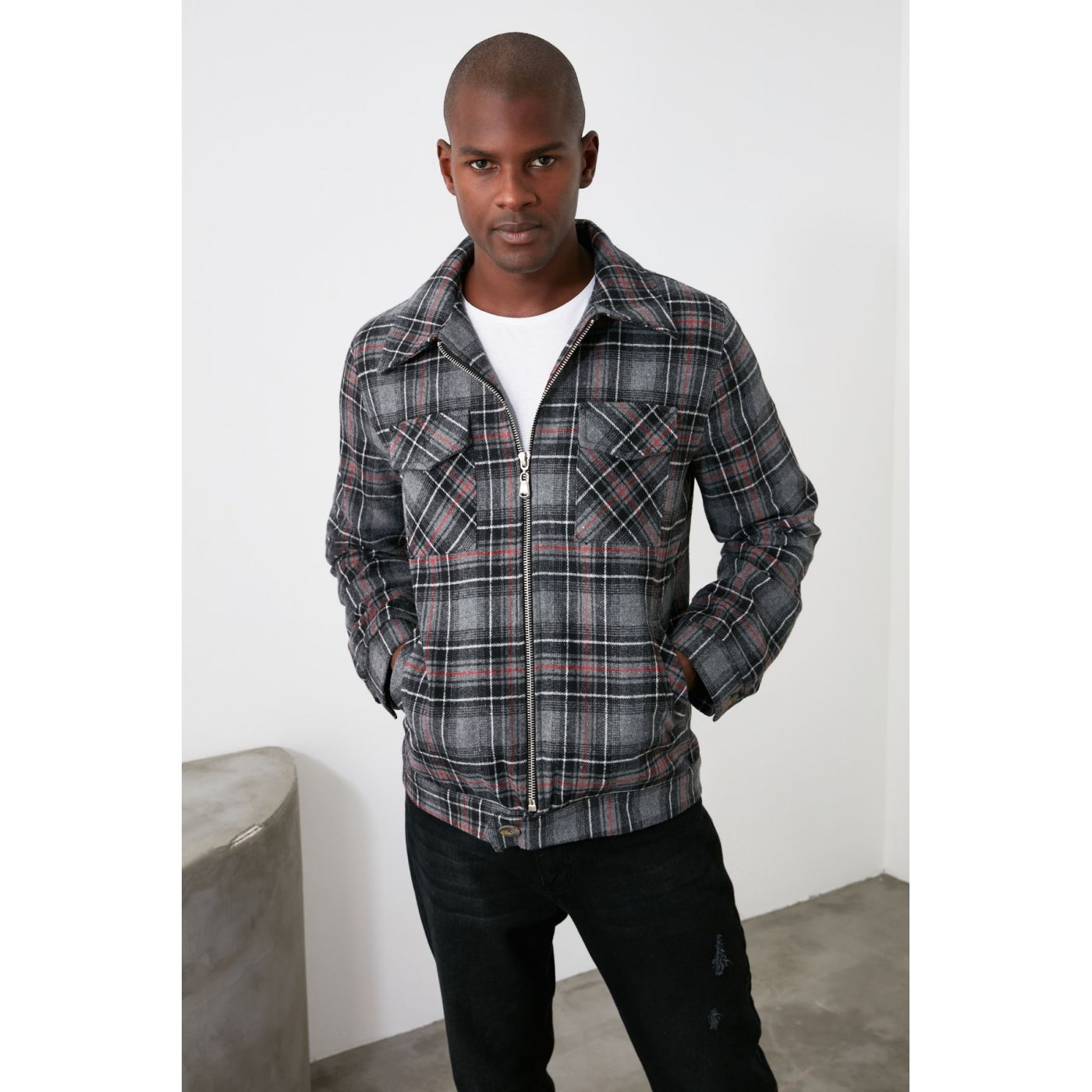 Trendyol Grey Men's Cachet Plaid Shirt Collar Regular Coat