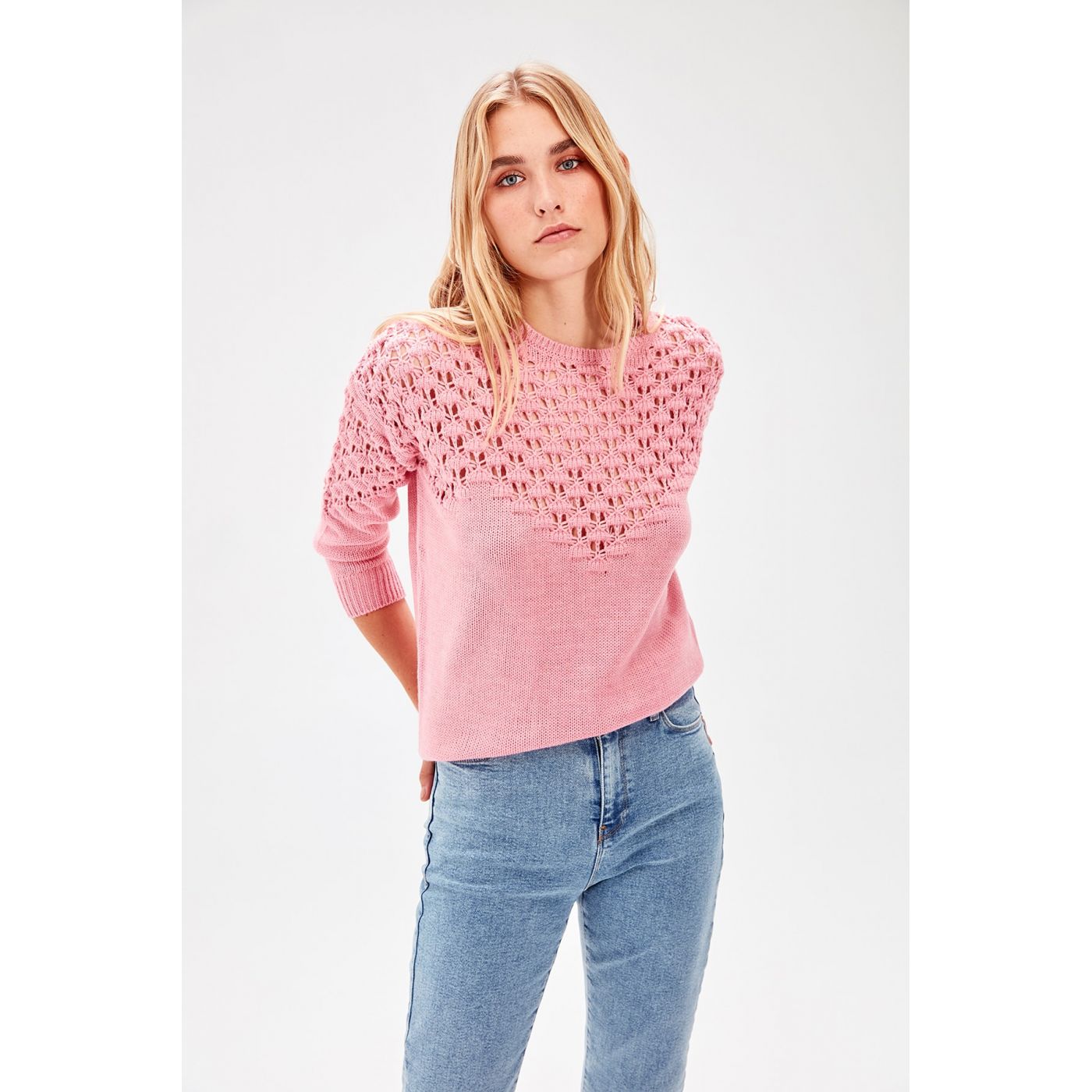 Trendyol WOMEN-Pink knit detailed knitwear sweater