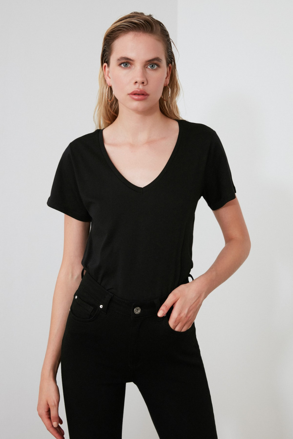 Trendyol Black and White and Anthracite 3 Pack V Collar Basic Knitted Shirt