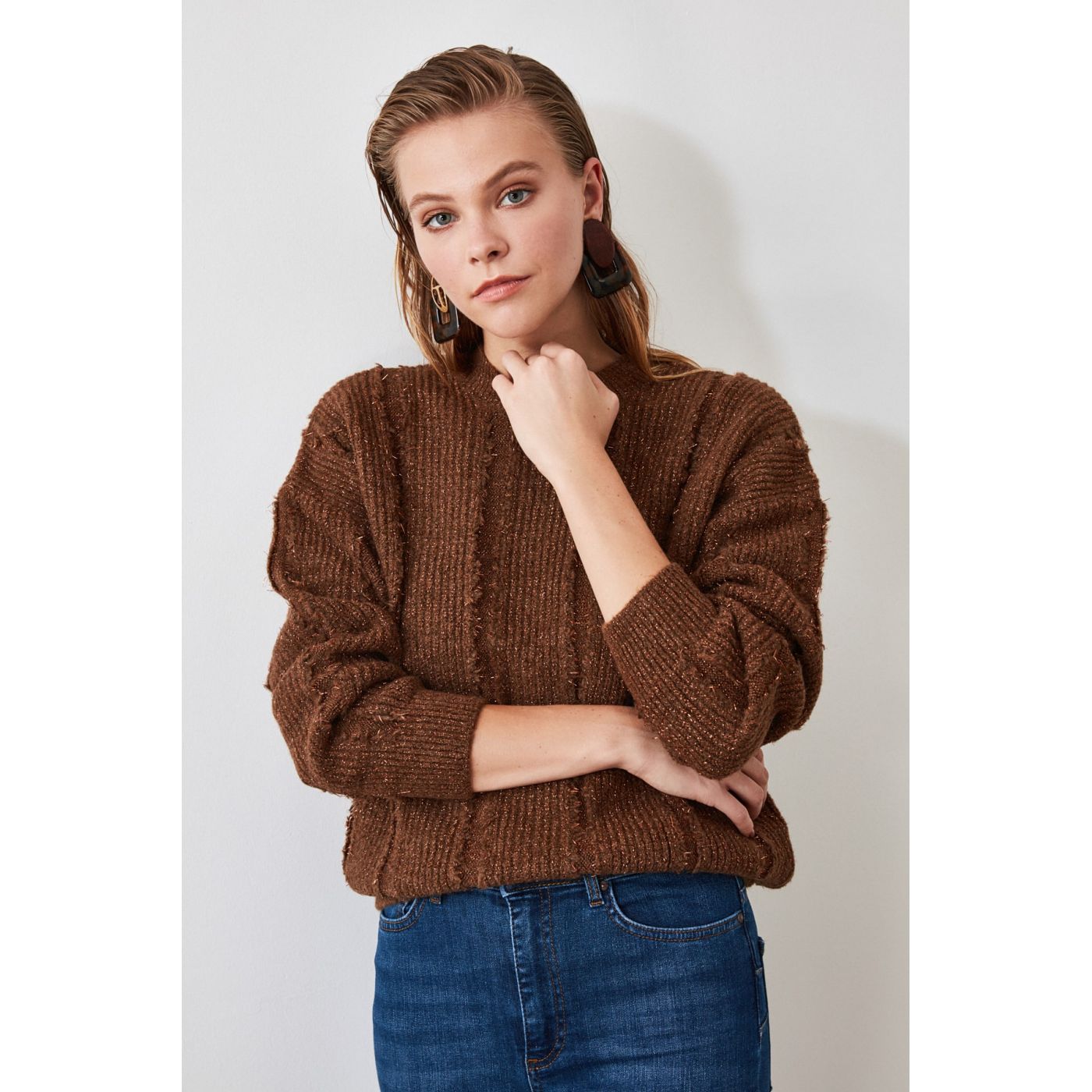 Trendyol Brown Simli Flowing Knit Sweater