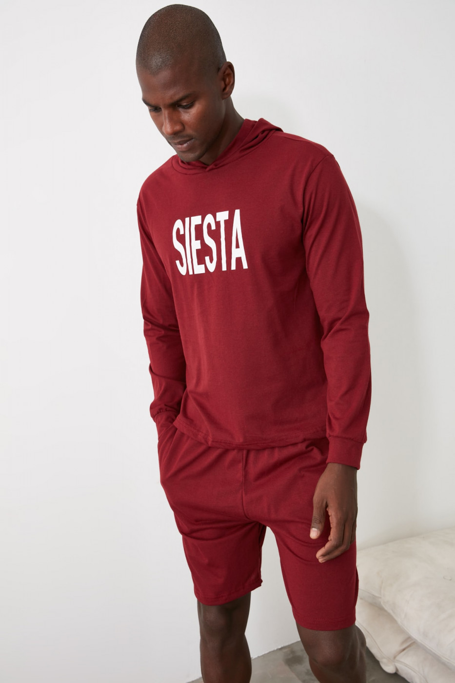 Trendyol Knitted Pajama Set with Maroon Hood slogan