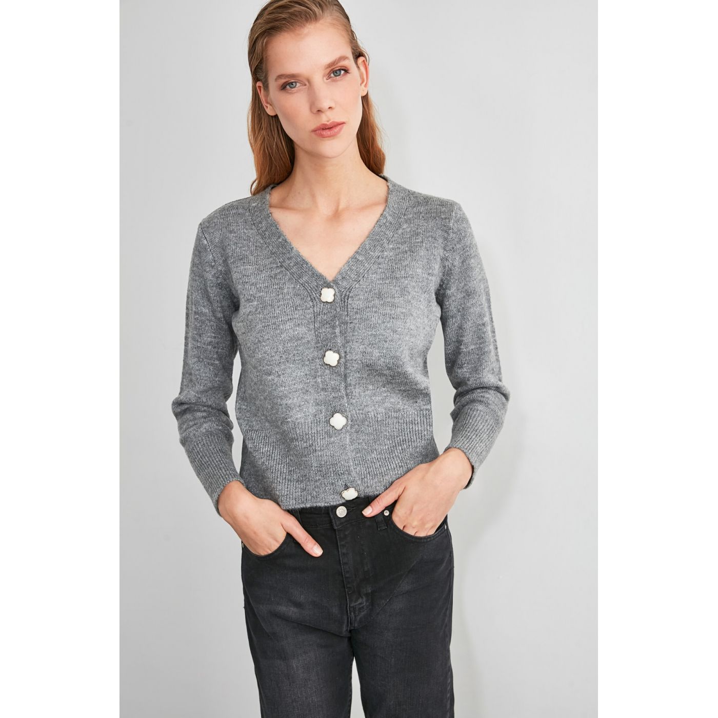 Trendyol Grey Button Detailed Knitwear Cardigan