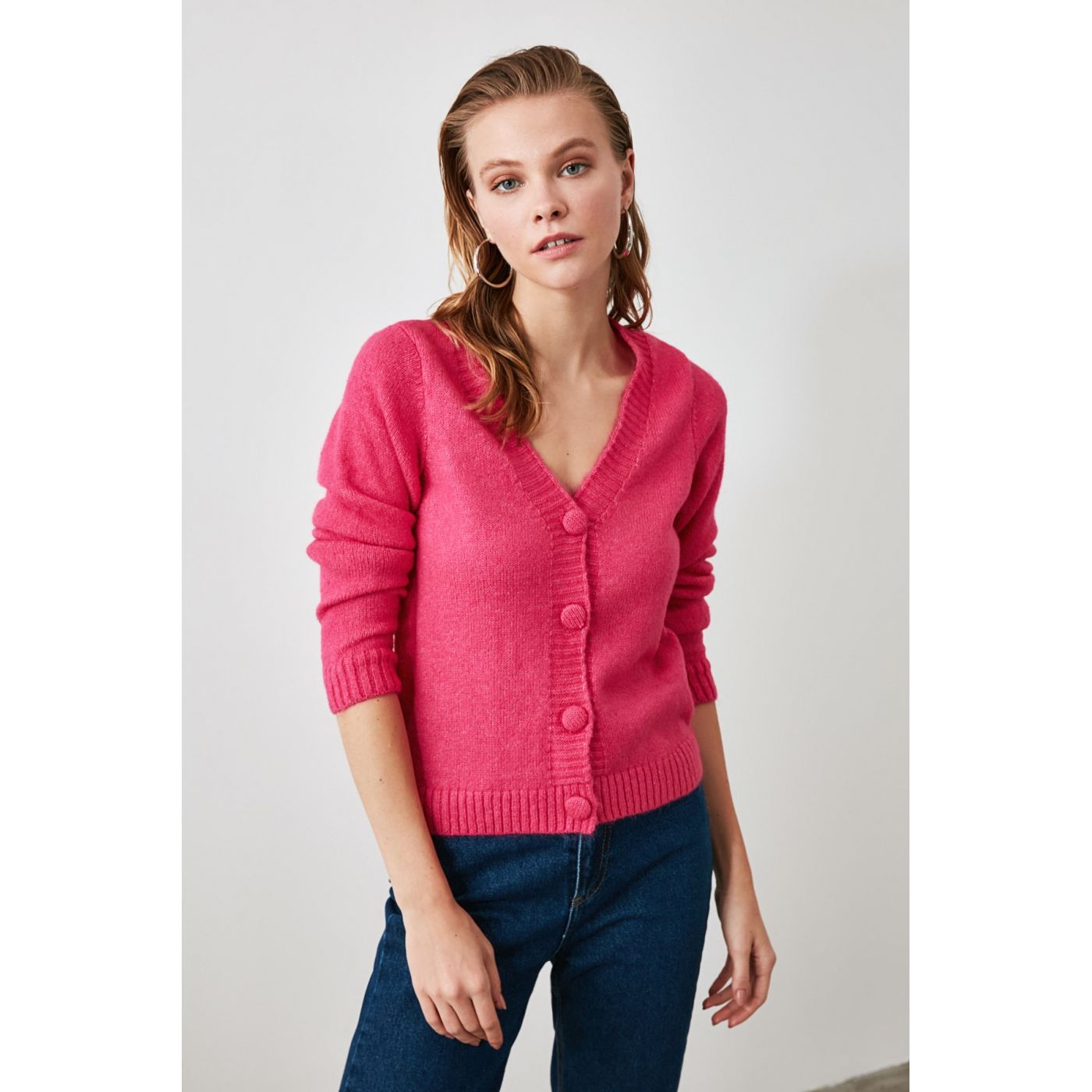 Trendyol Fuchya Button KnitWear Cardigan