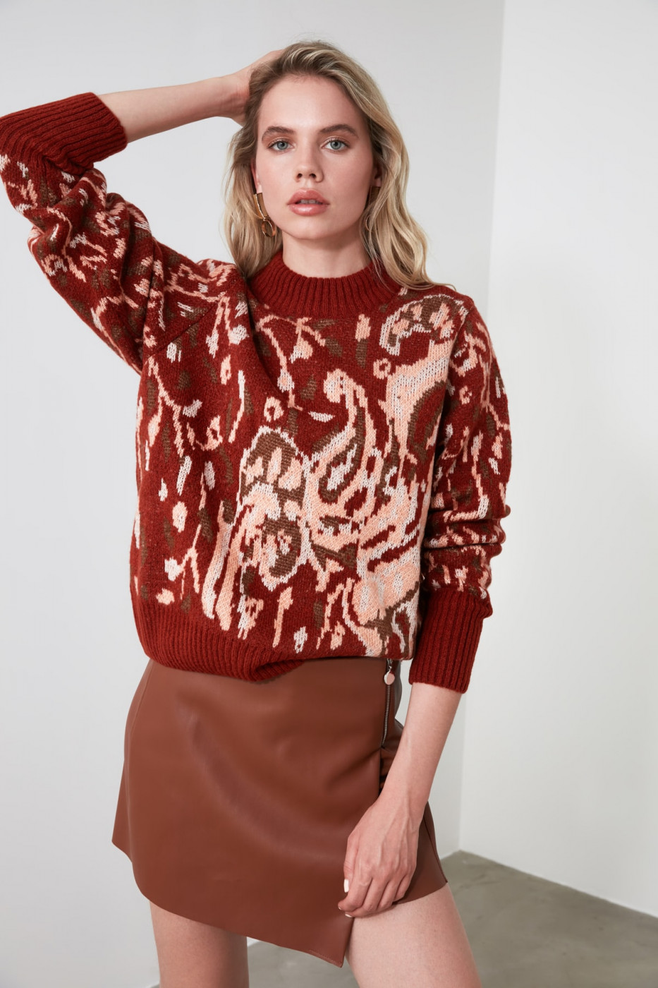 Trendyol Brown Shawl Patterned Knitwear Sweater
