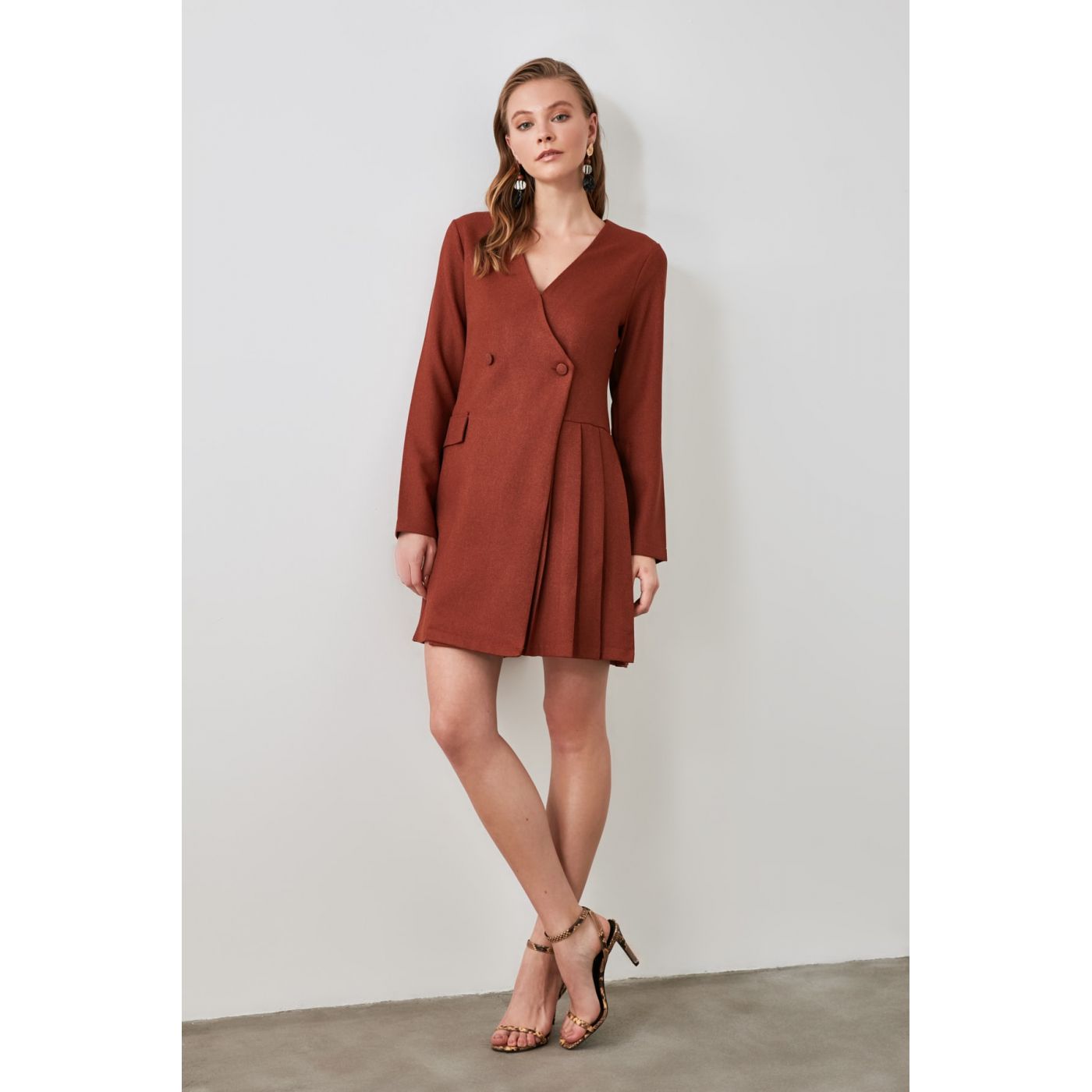 Trendyol Brown Pleat Detailed Dress