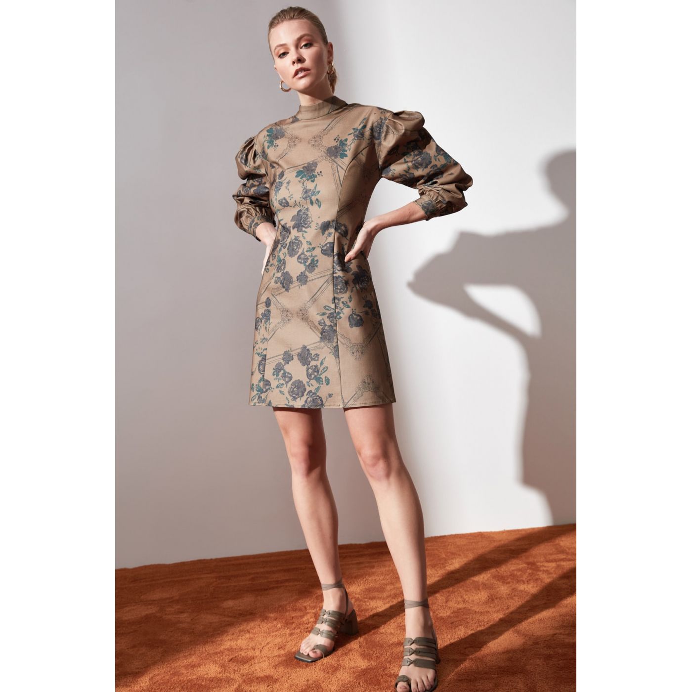 Trendyol Camel Patterned Sheer Neckline Dress