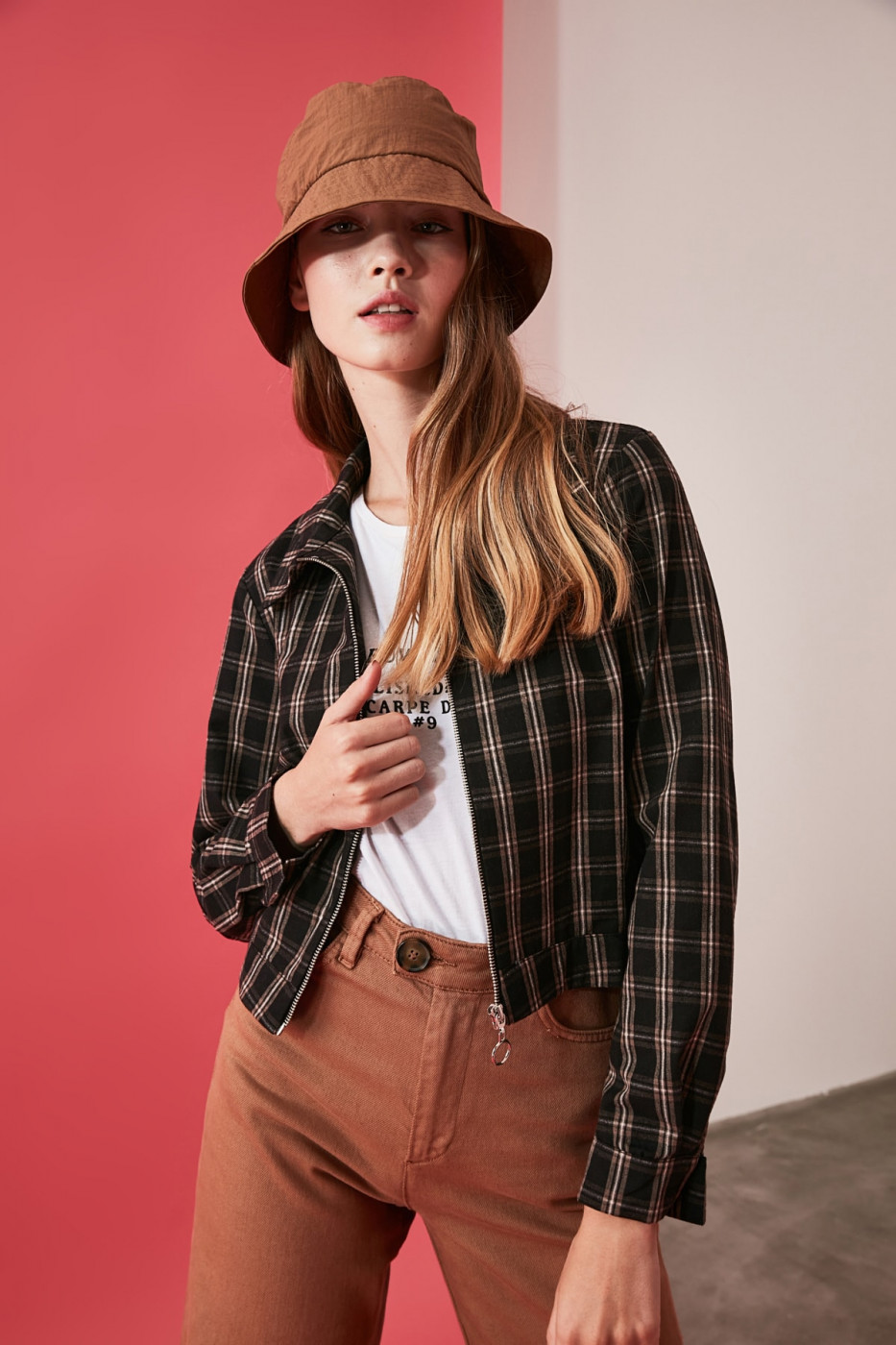 Trendyol Brown Zip-Up Plaid Shirt