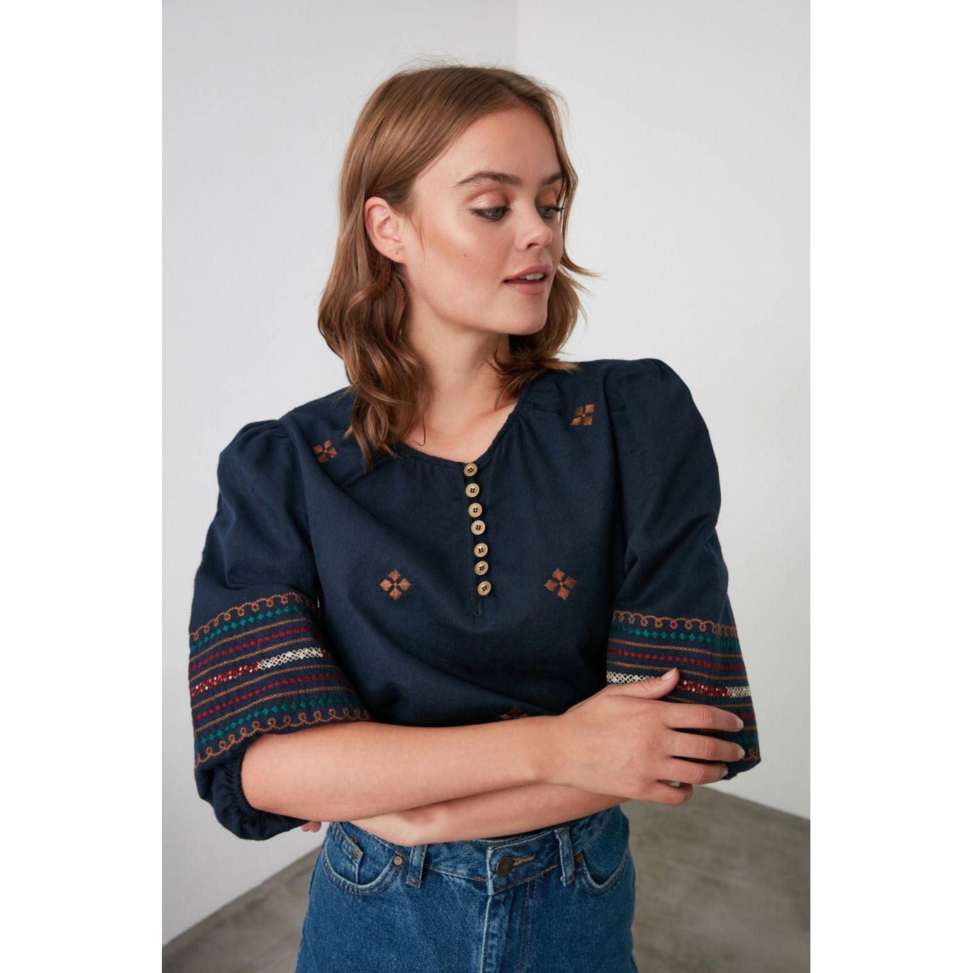 Trendyol Navy Sleeve Detailed Blouse