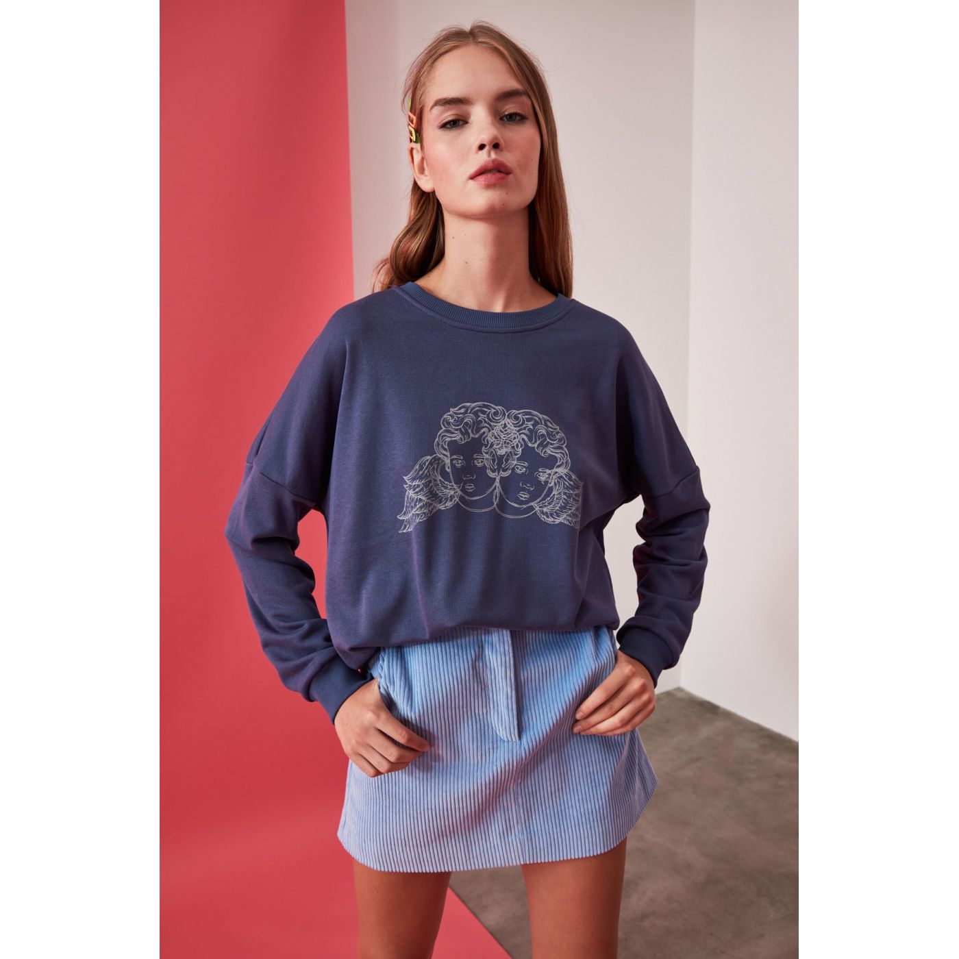 Trendyol Blue Printed Oversize Knitted Sweatshirt