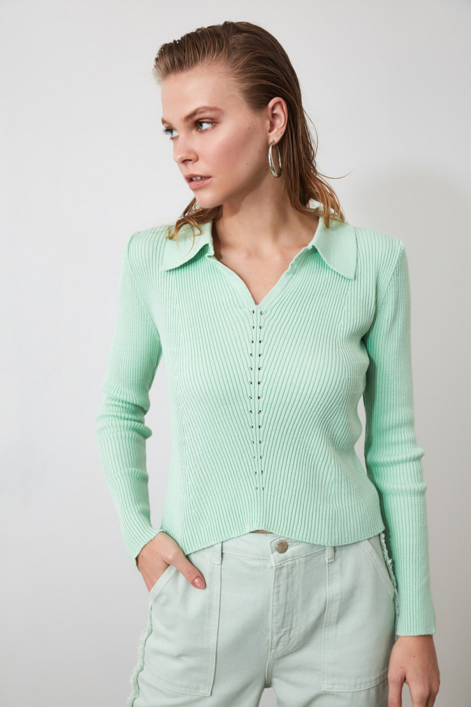 Trendyol Mint Polo Collar Knit Sweater