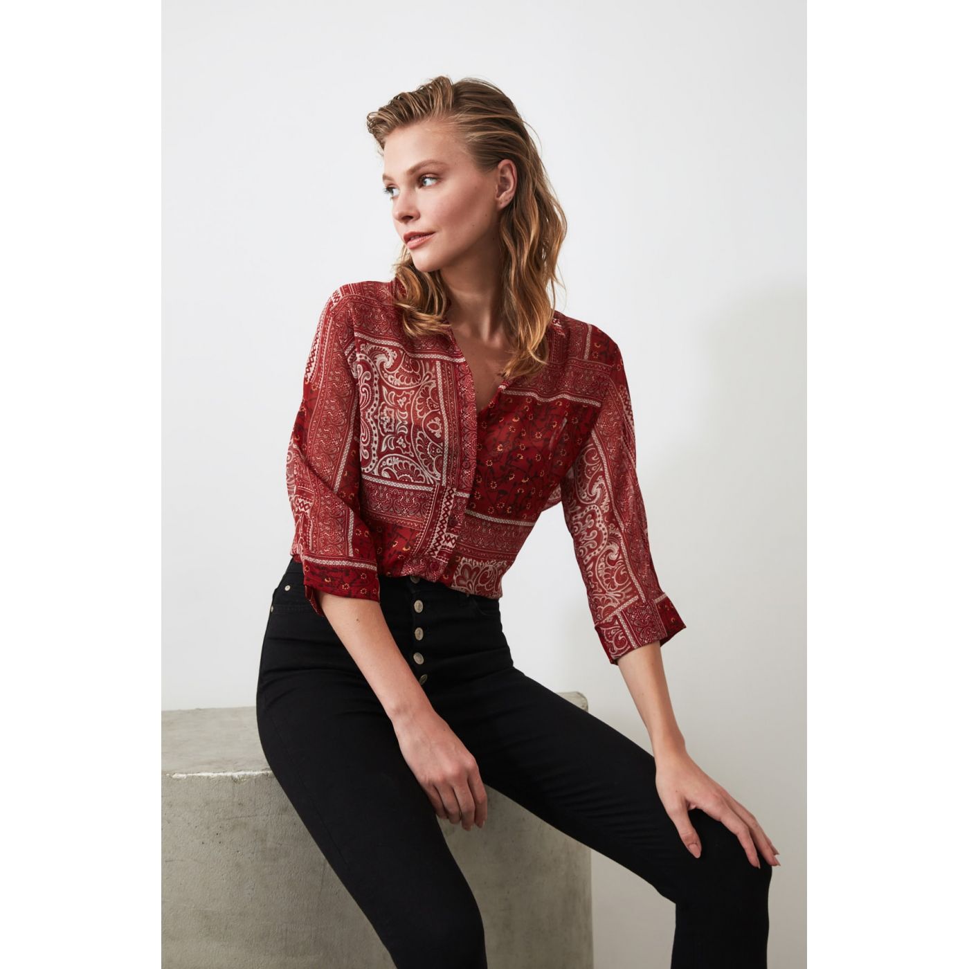 Trendyol Burgundy Ethnic Patterned Draped Shirt