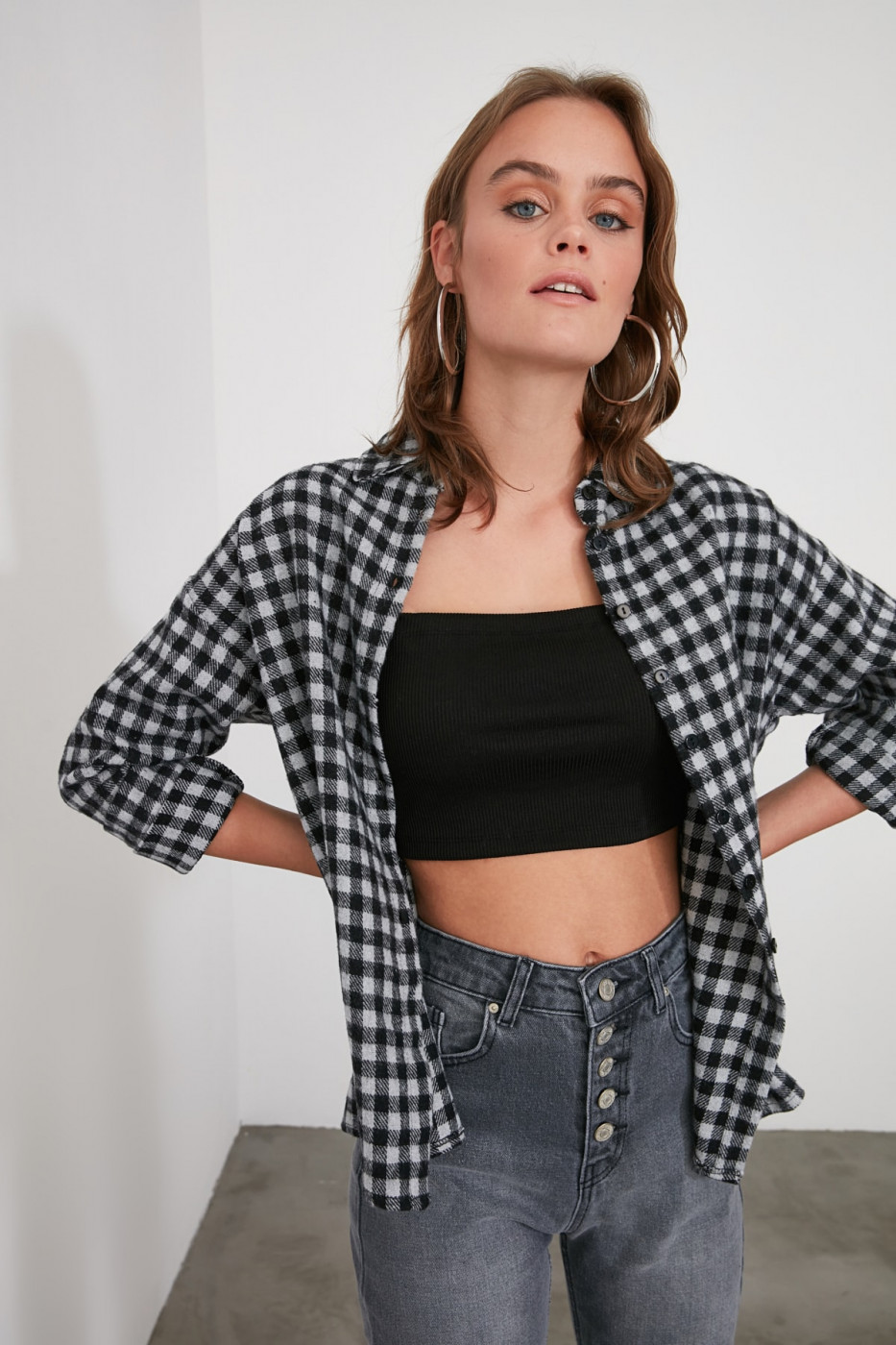 Trendyol Black Plaid Jacket Shirt