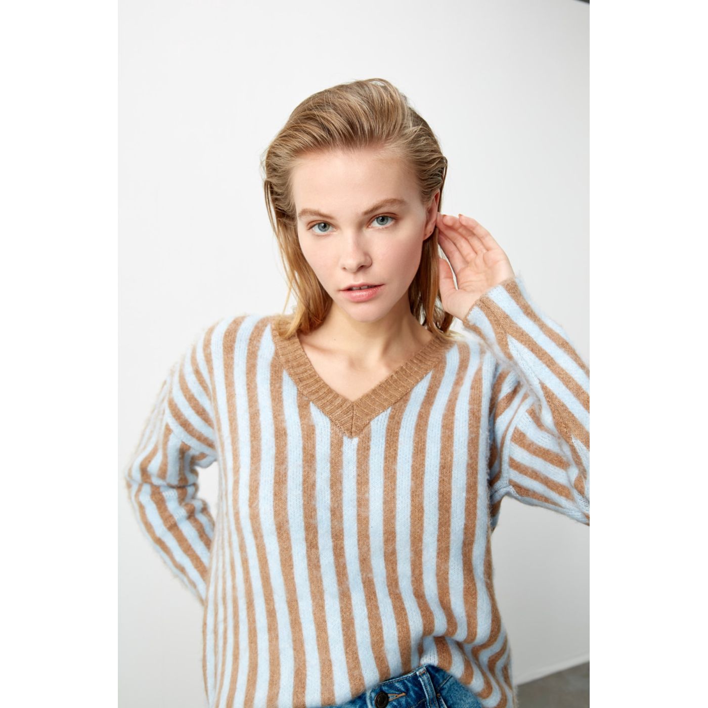 Trendyol Camel Striped Soft Textured Special Technical Sweater