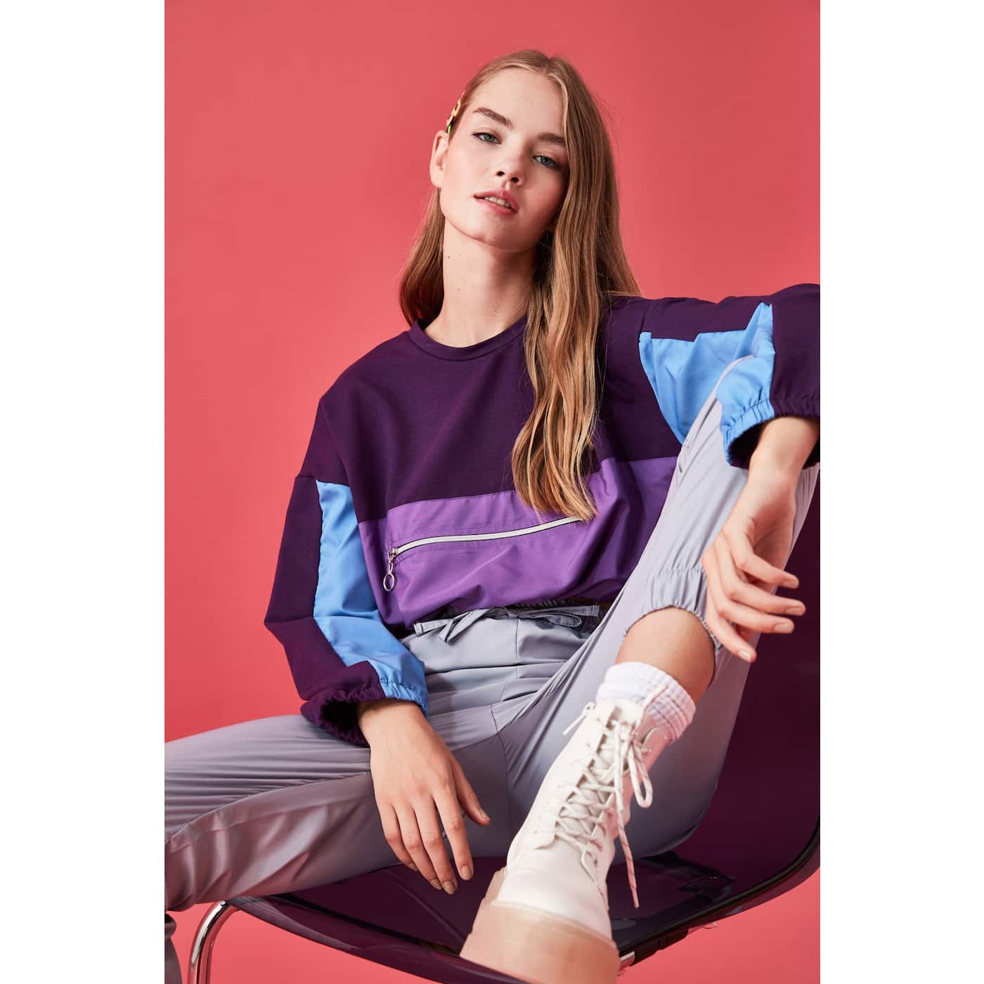 Trendyol Purple Color Block Crop Knitted Sweatshirt