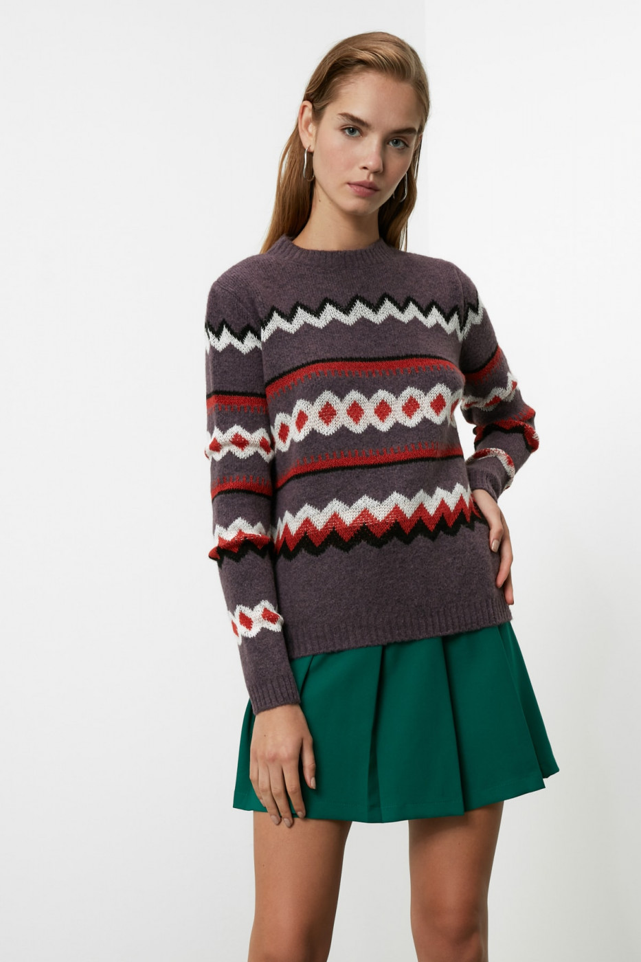 Trendyol Mürdüm Jacquard Knitwear Sweater