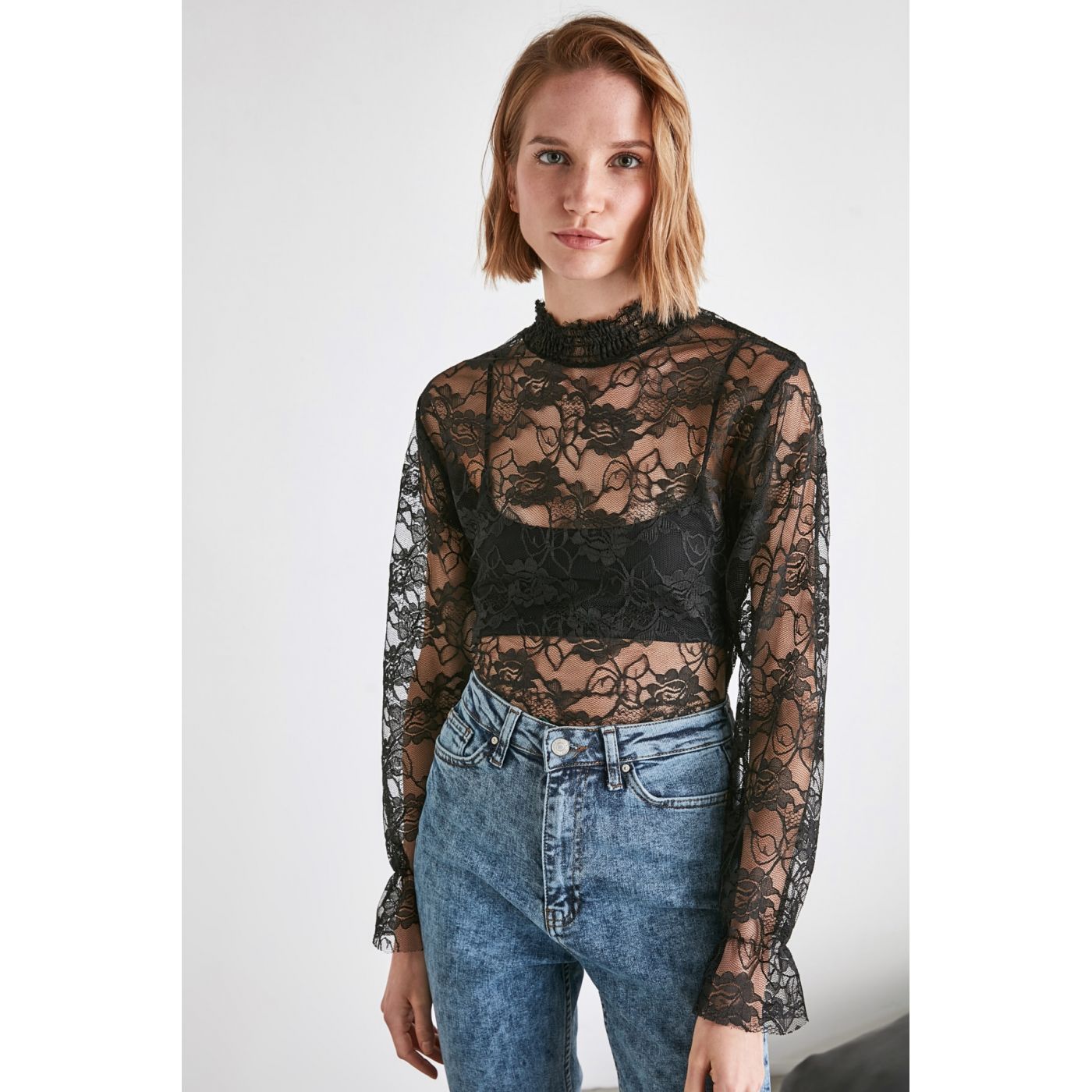 Trendyol Black Lacy Sheer Neckline Knitted Blouse