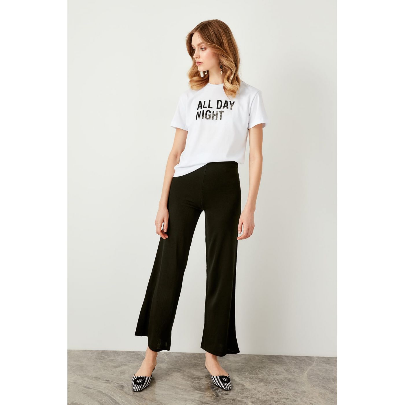 Trendyol Black Bell-bottomed Tricot Pants