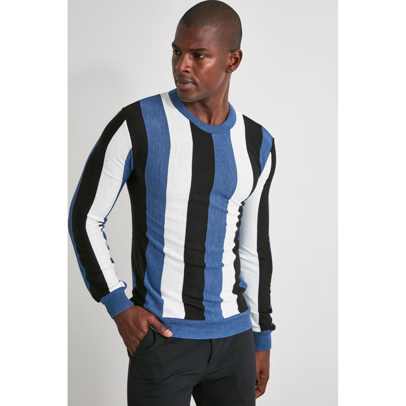Trendyol Indigo Men's Striped Bike Collar Knitwear Sweater