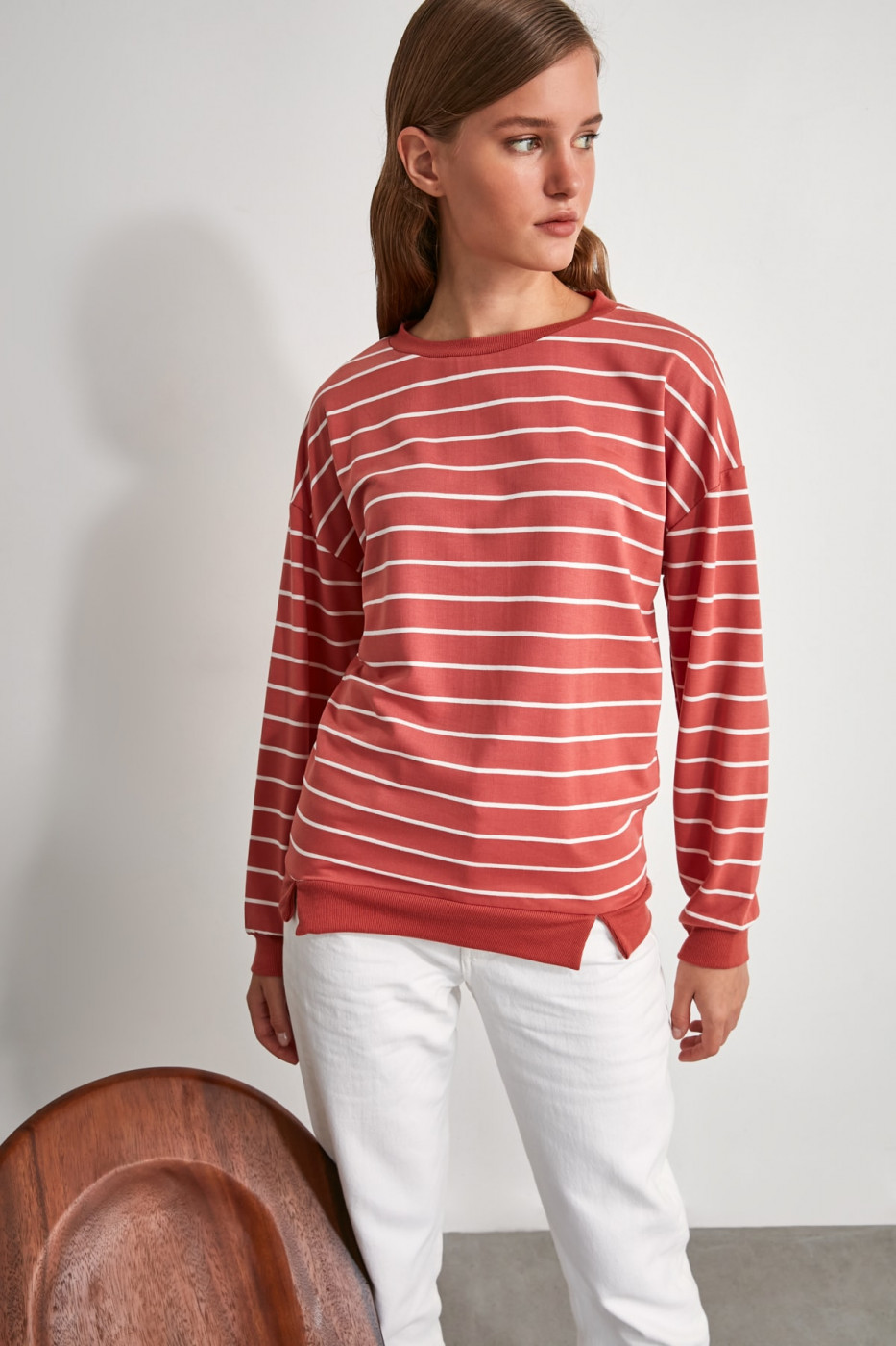 Trendyol Rose Dry Striped Basic Knitted Sweatshirt