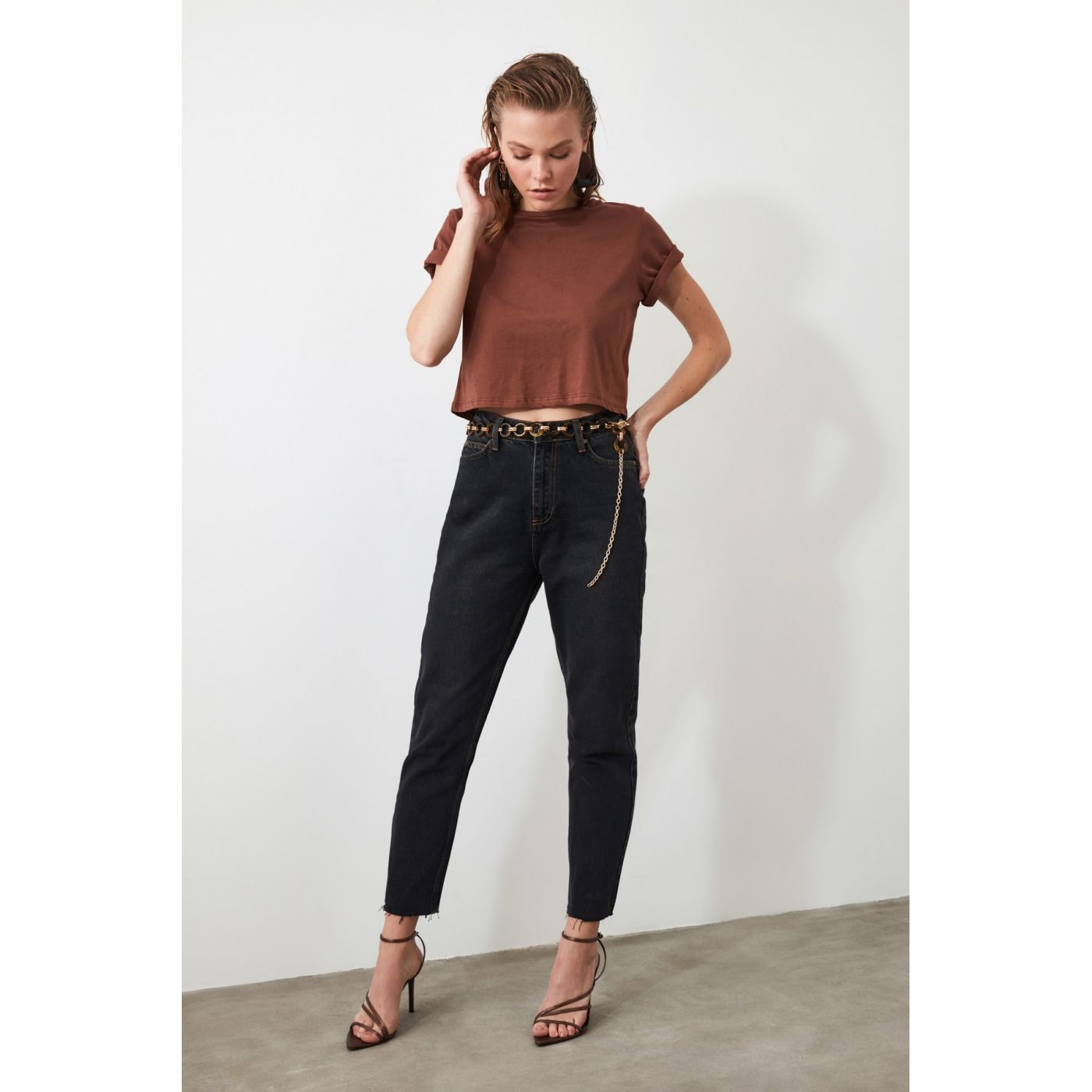 Trendyol Anthracite Hem Cut High Waist Mom Jeans
