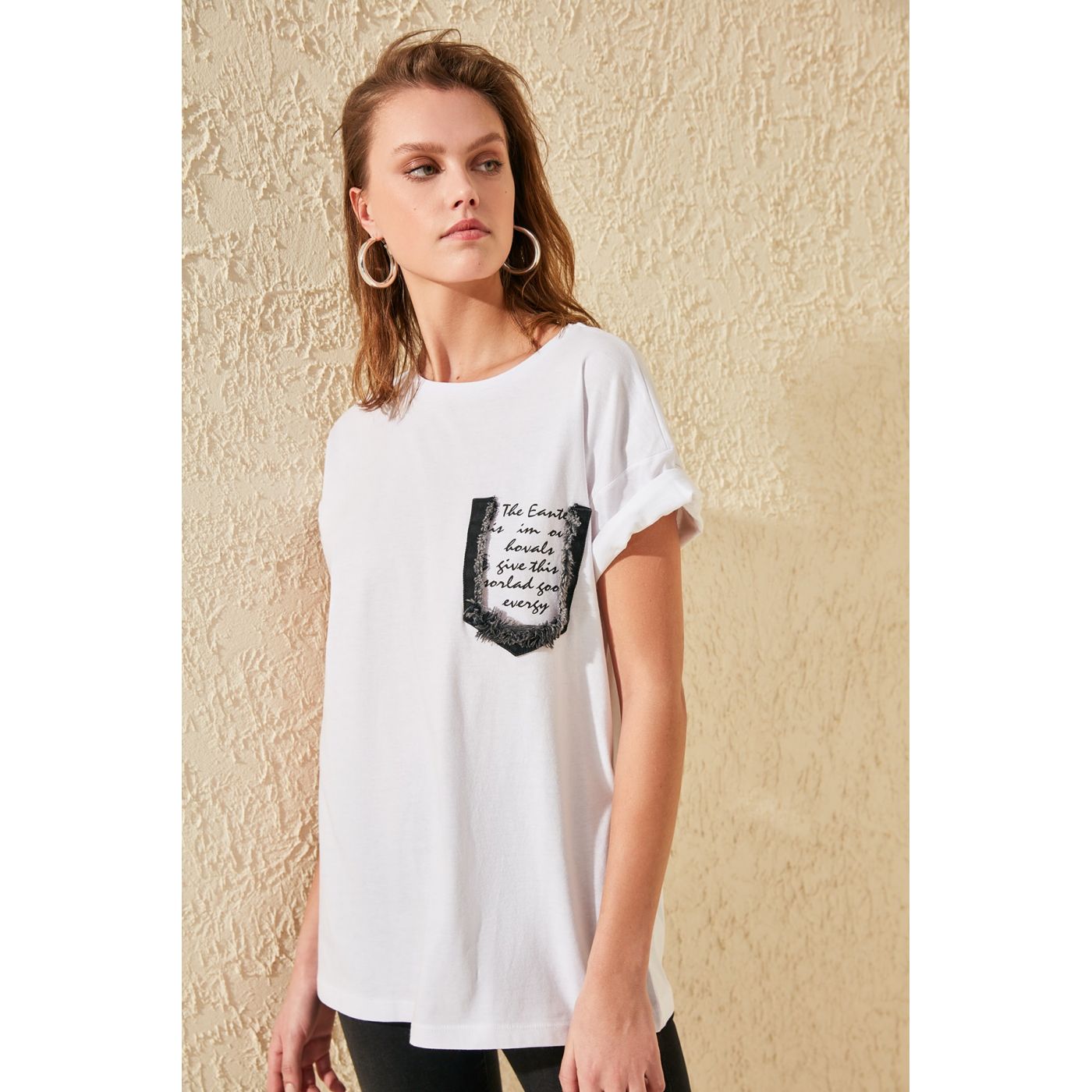 Trendyol White Denim Pocket Boyfriend Knitted T-Shirt